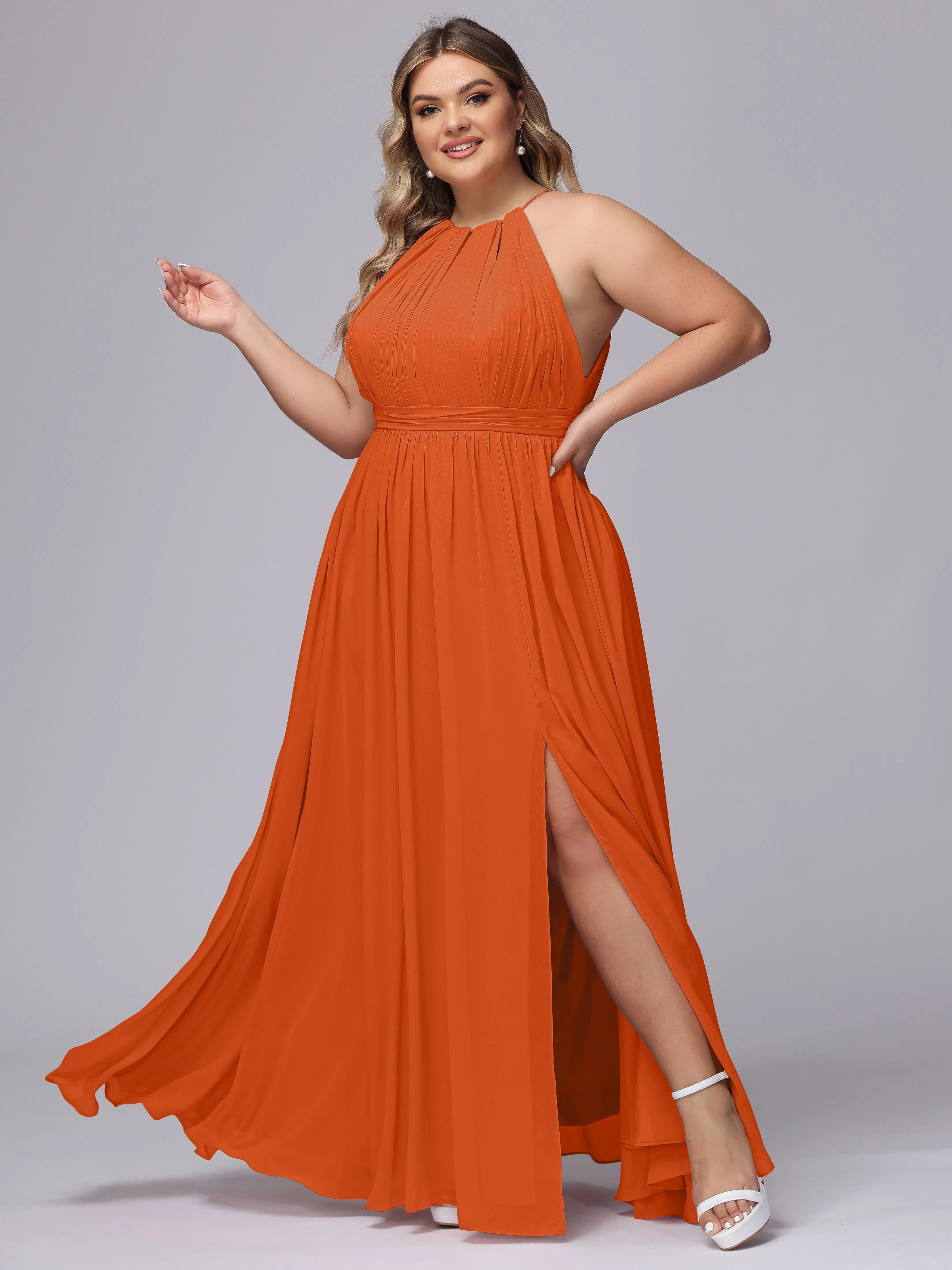 Chiffon Floor Length Halter Plus Size Split Bridesmaid Dresses