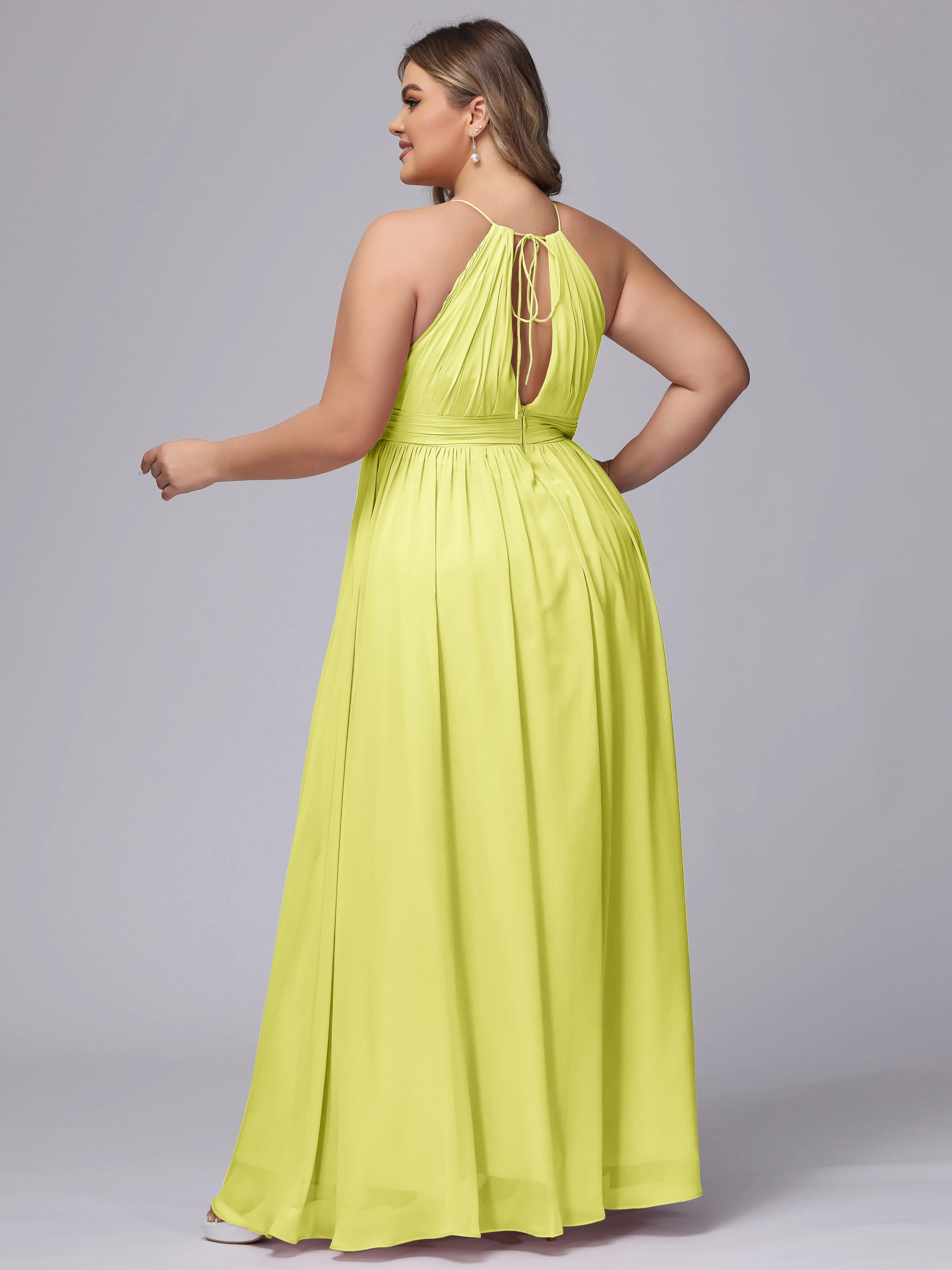 Chiffon Floor Length Halter Plus Size Split Bridesmaid Dresses