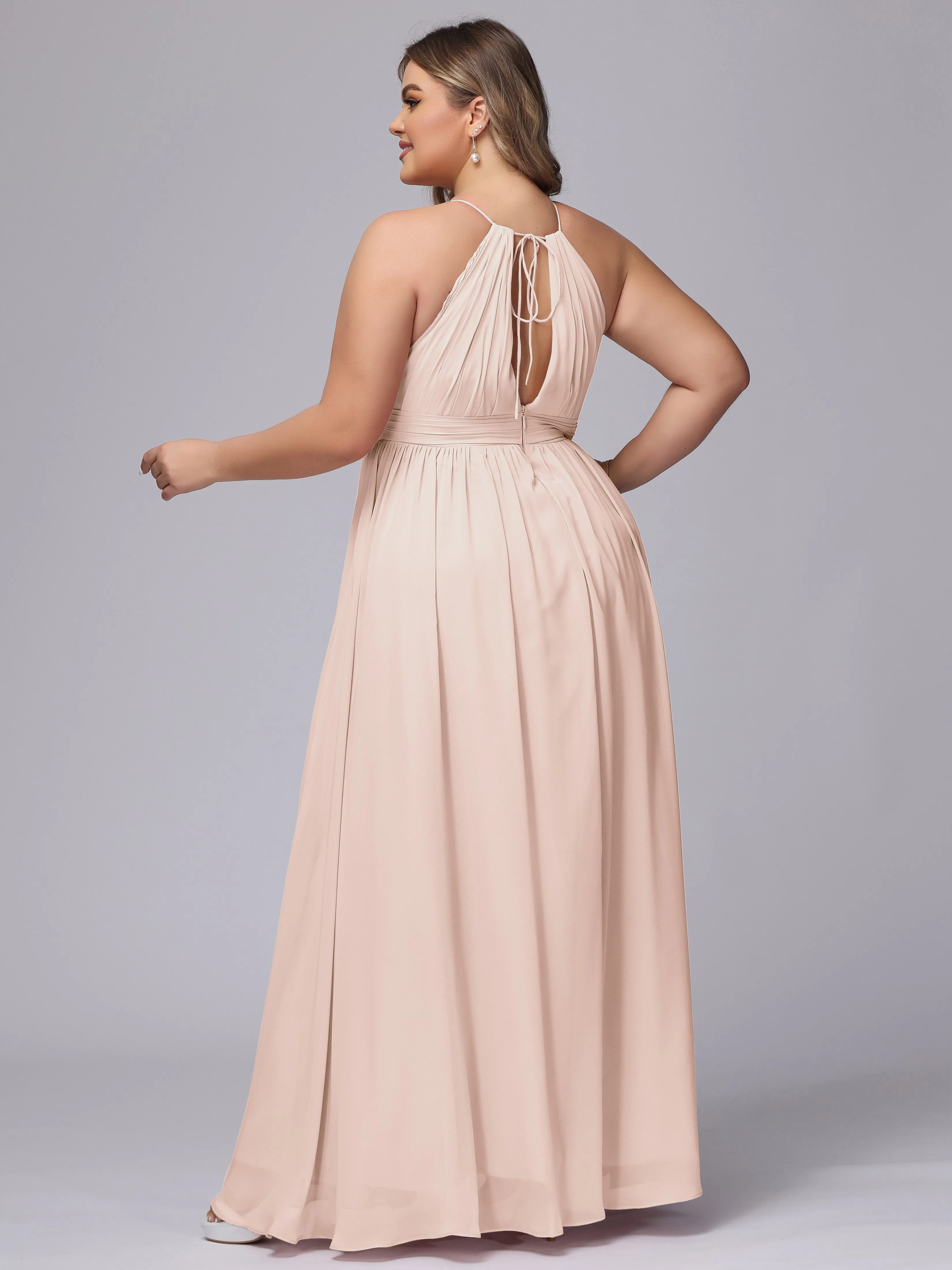 Chiffon Floor Length Halter Plus Size Split Bridesmaid Dresses