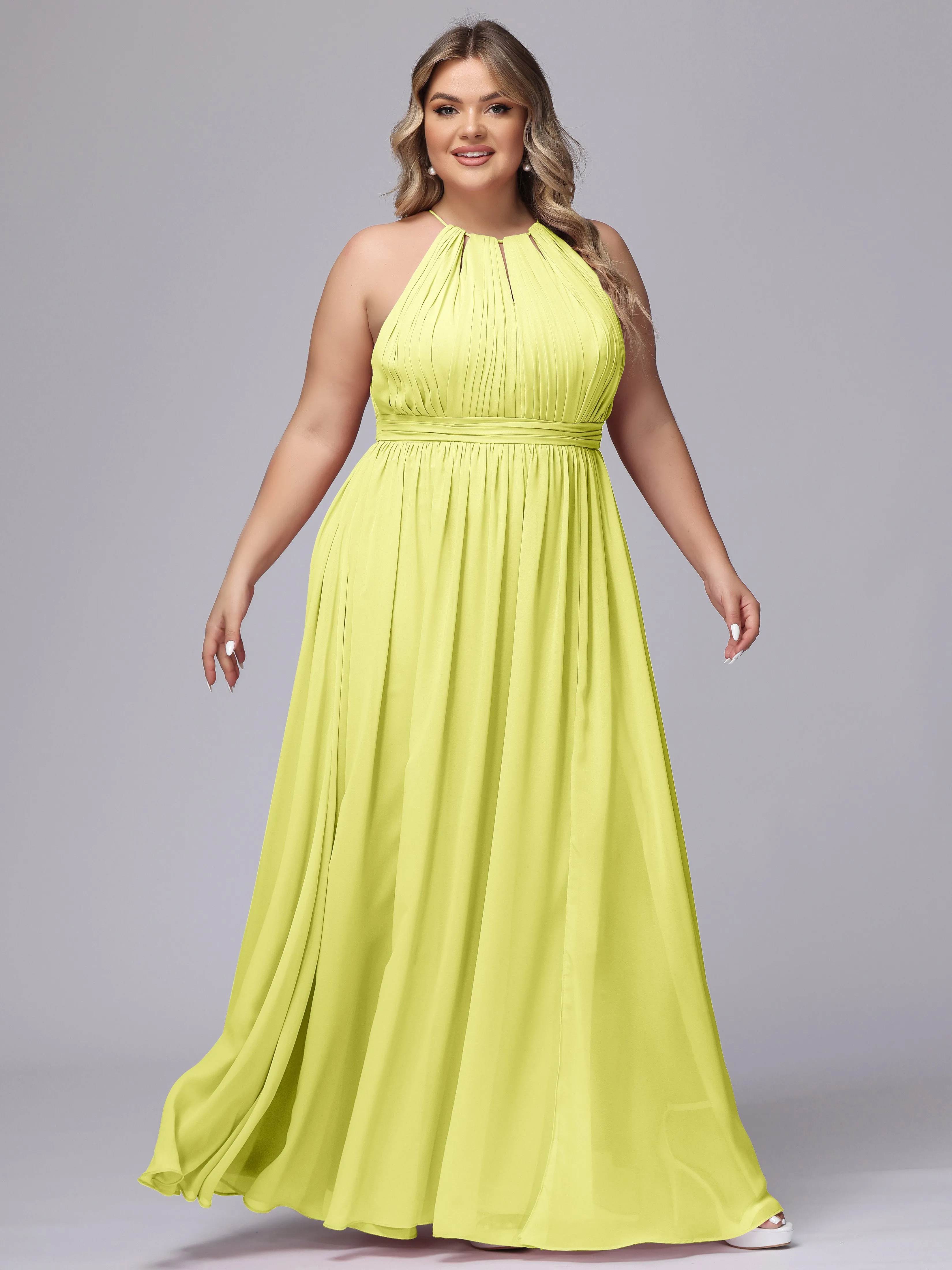 Chiffon Floor Length Halter Plus Size Split Bridesmaid Dresses