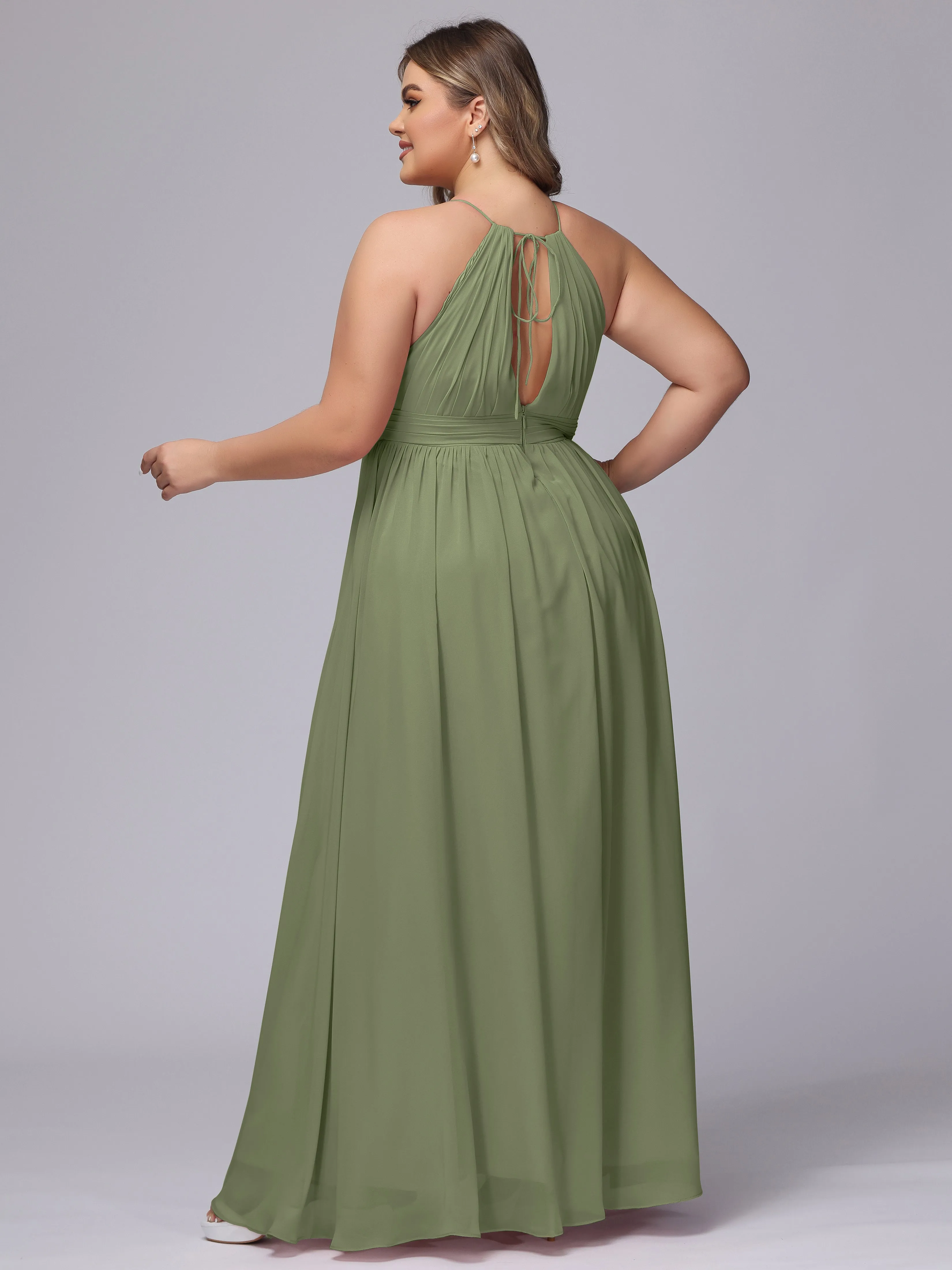 Chiffon Floor Length Halter Plus Size Split Bridesmaid Dresses