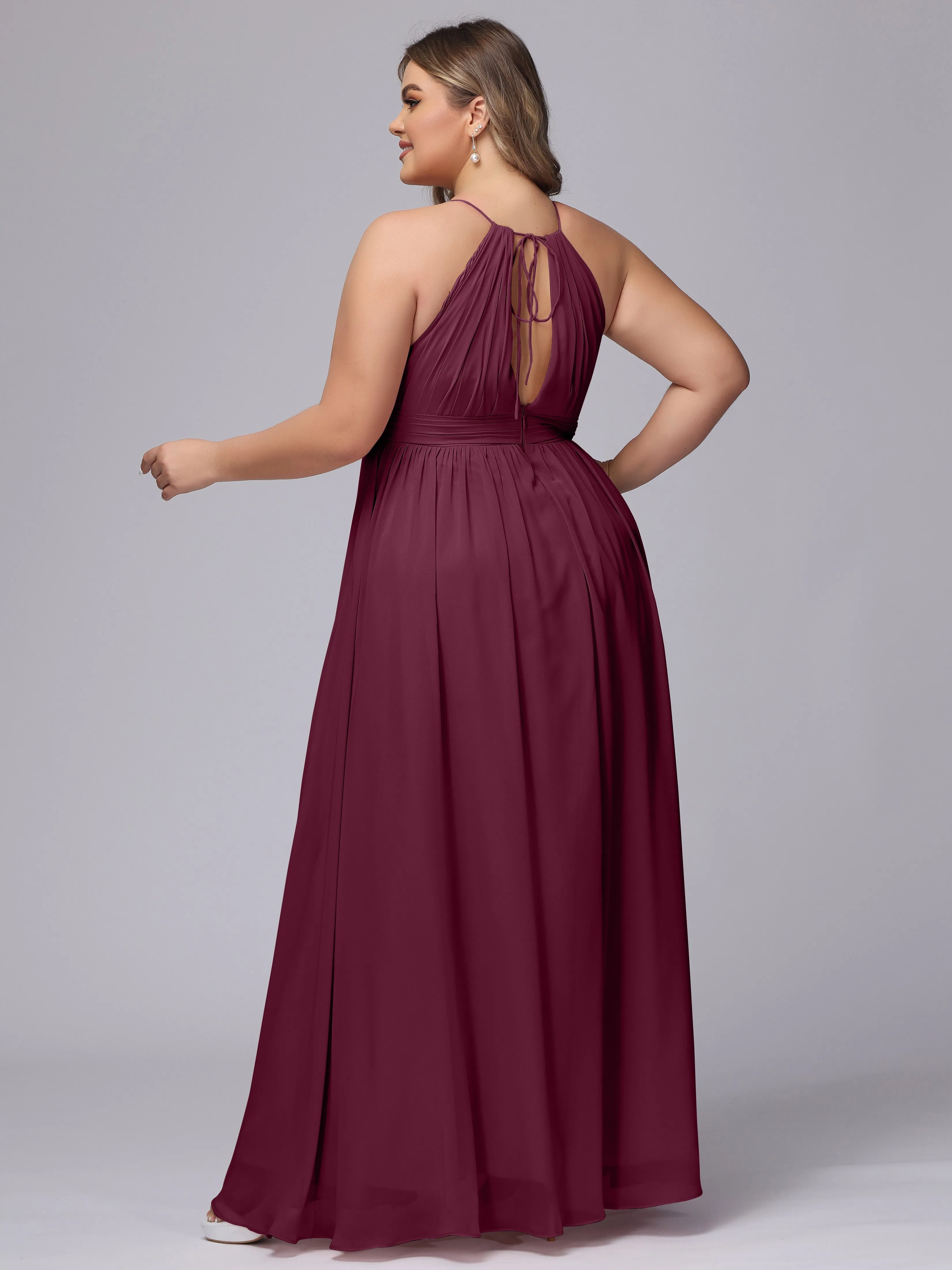 Chiffon Floor Length Halter Plus Size Split Bridesmaid Dresses