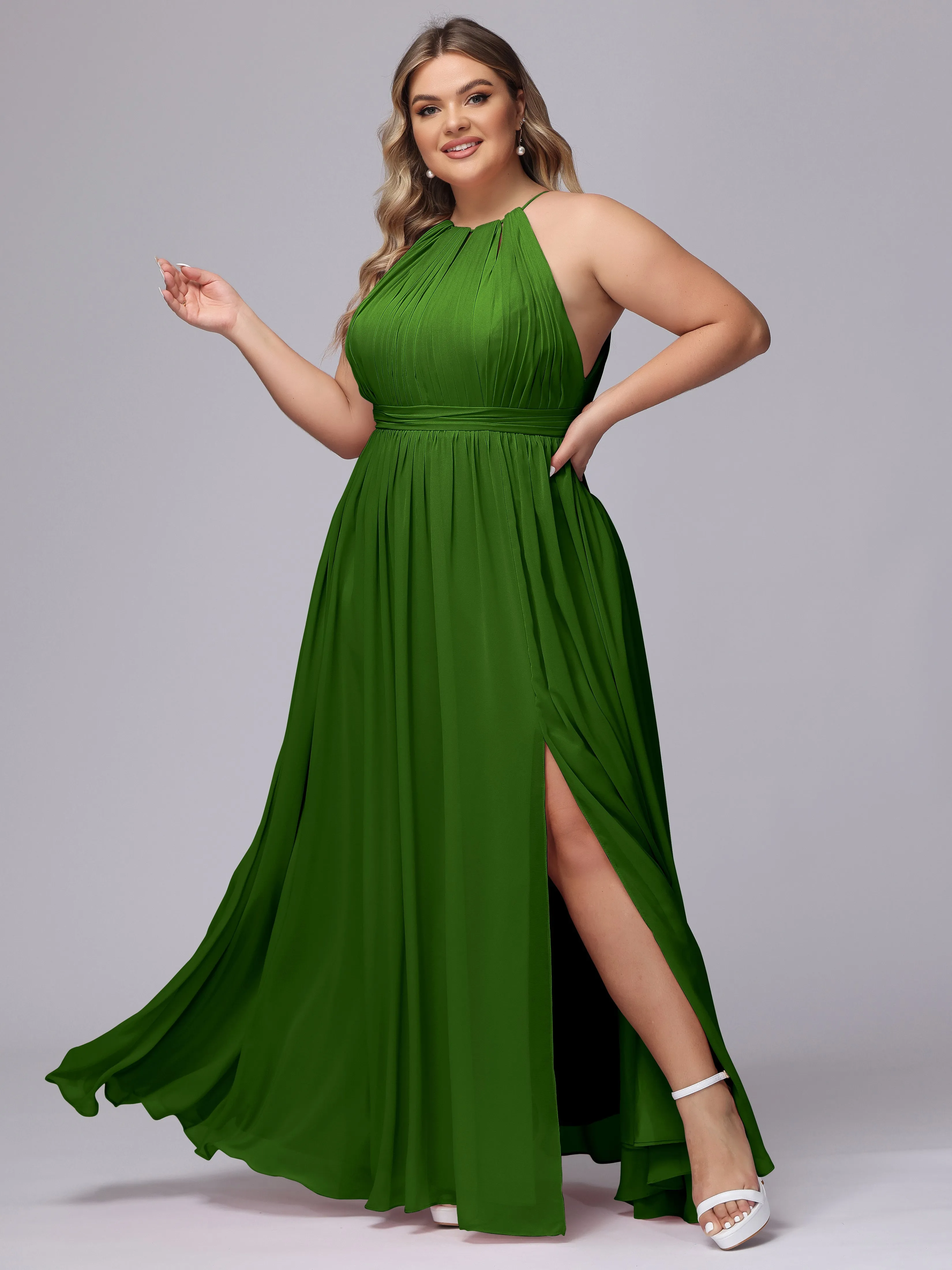 Chiffon Floor Length Halter Plus Size Split Bridesmaid Dresses