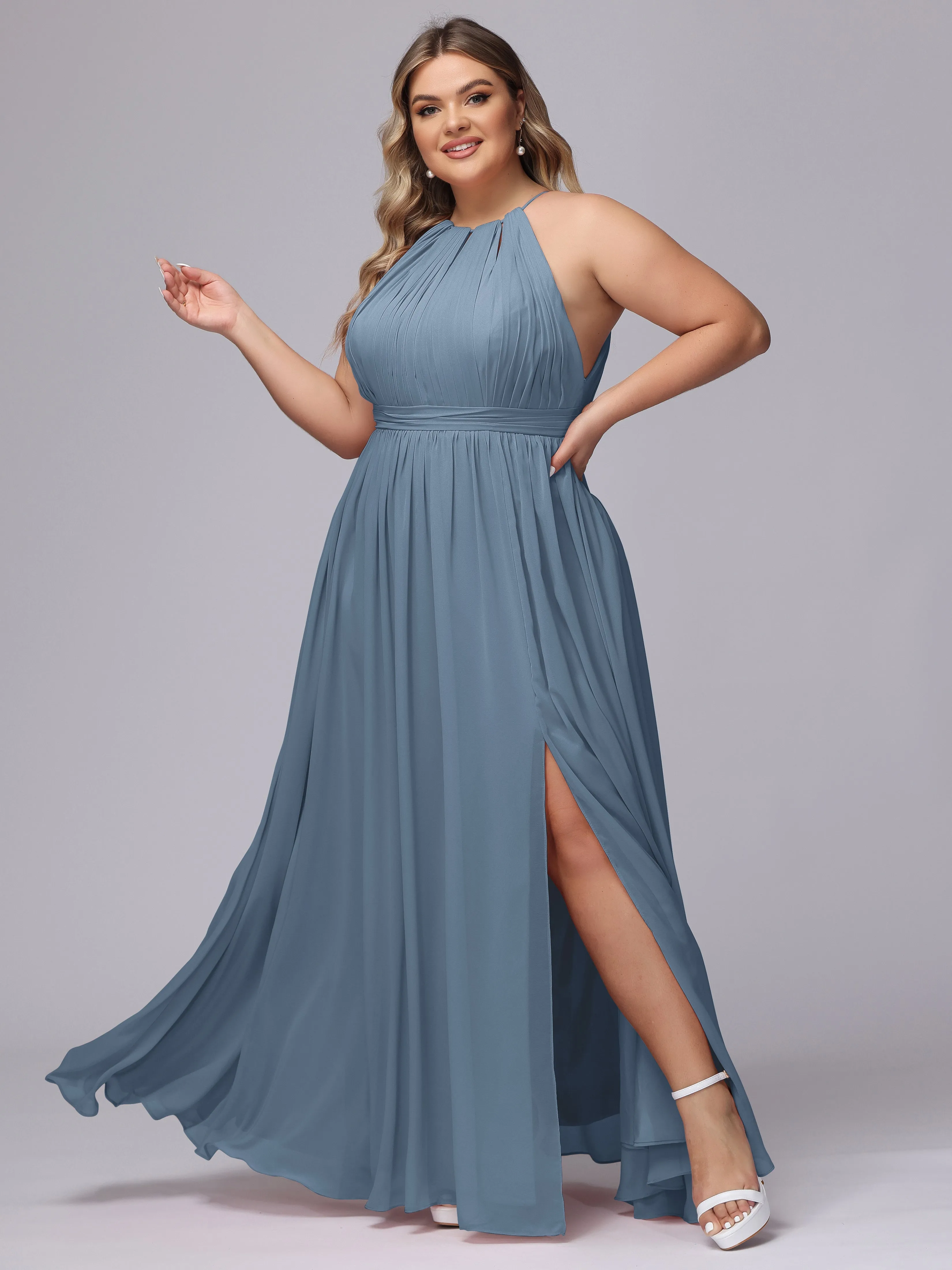 Chiffon Floor Length Halter Plus Size Split Bridesmaid Dresses