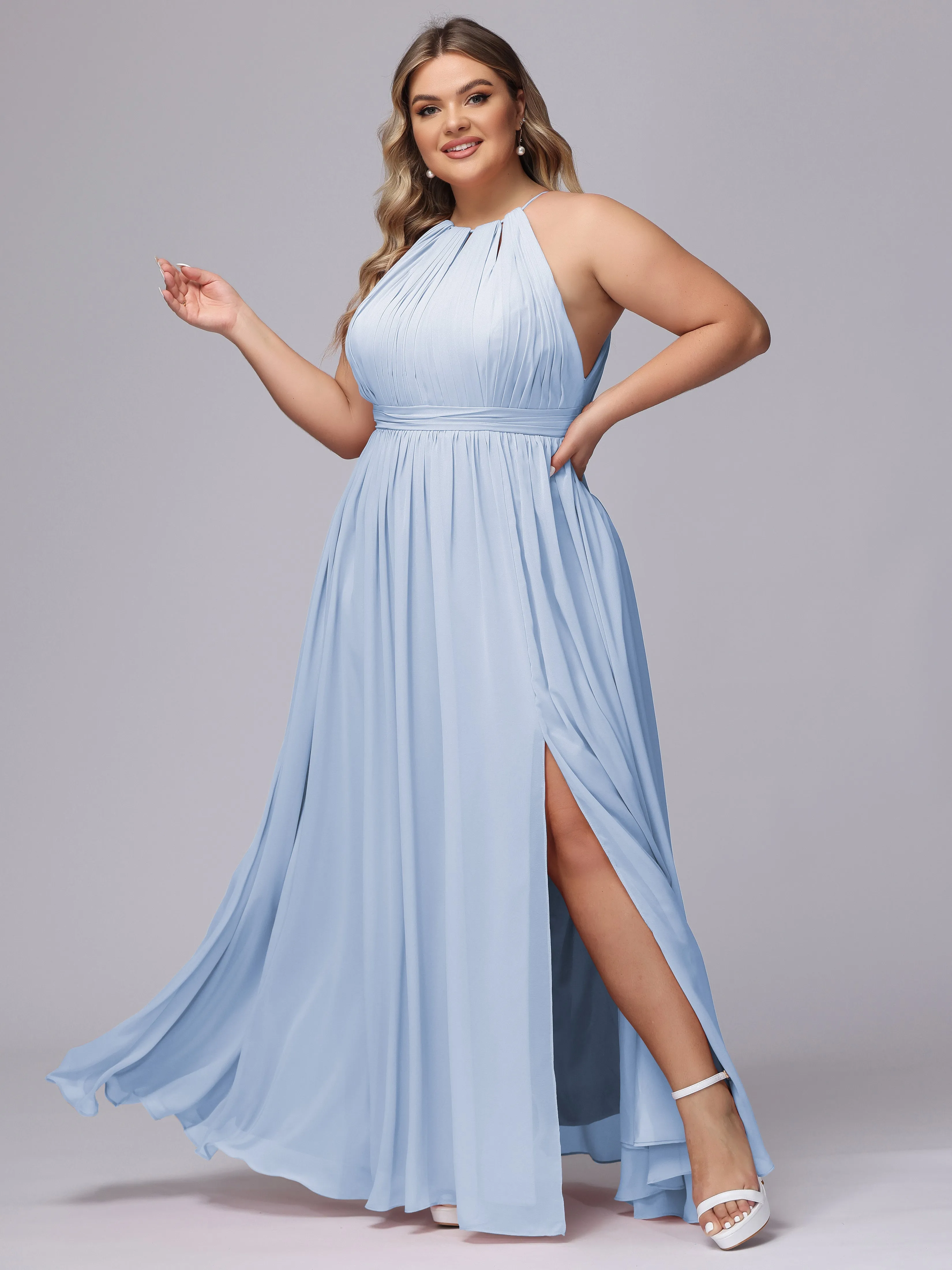 Chiffon Floor Length Halter Plus Size Split Bridesmaid Dresses
