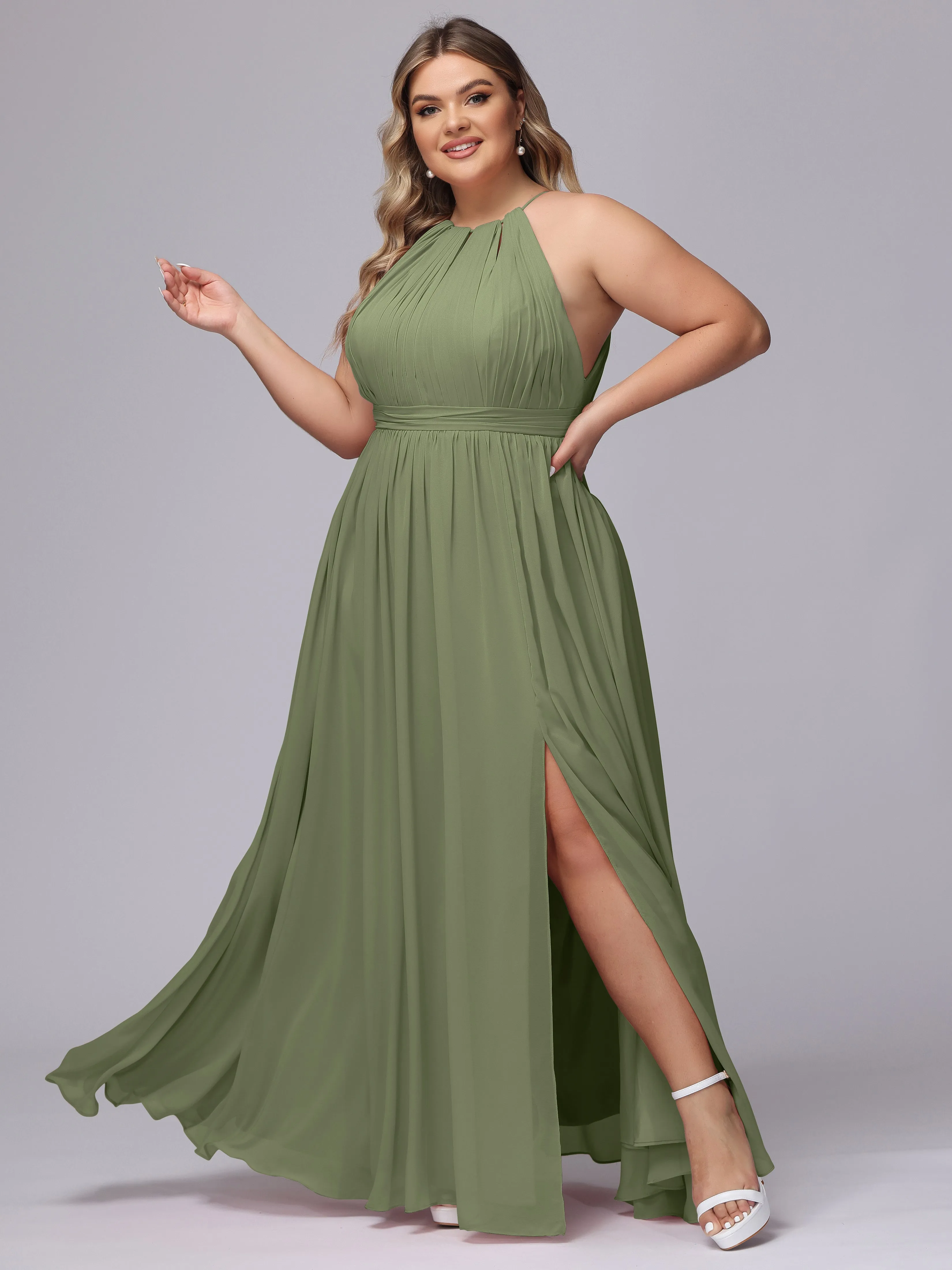 Chiffon Floor Length Halter Plus Size Split Bridesmaid Dresses