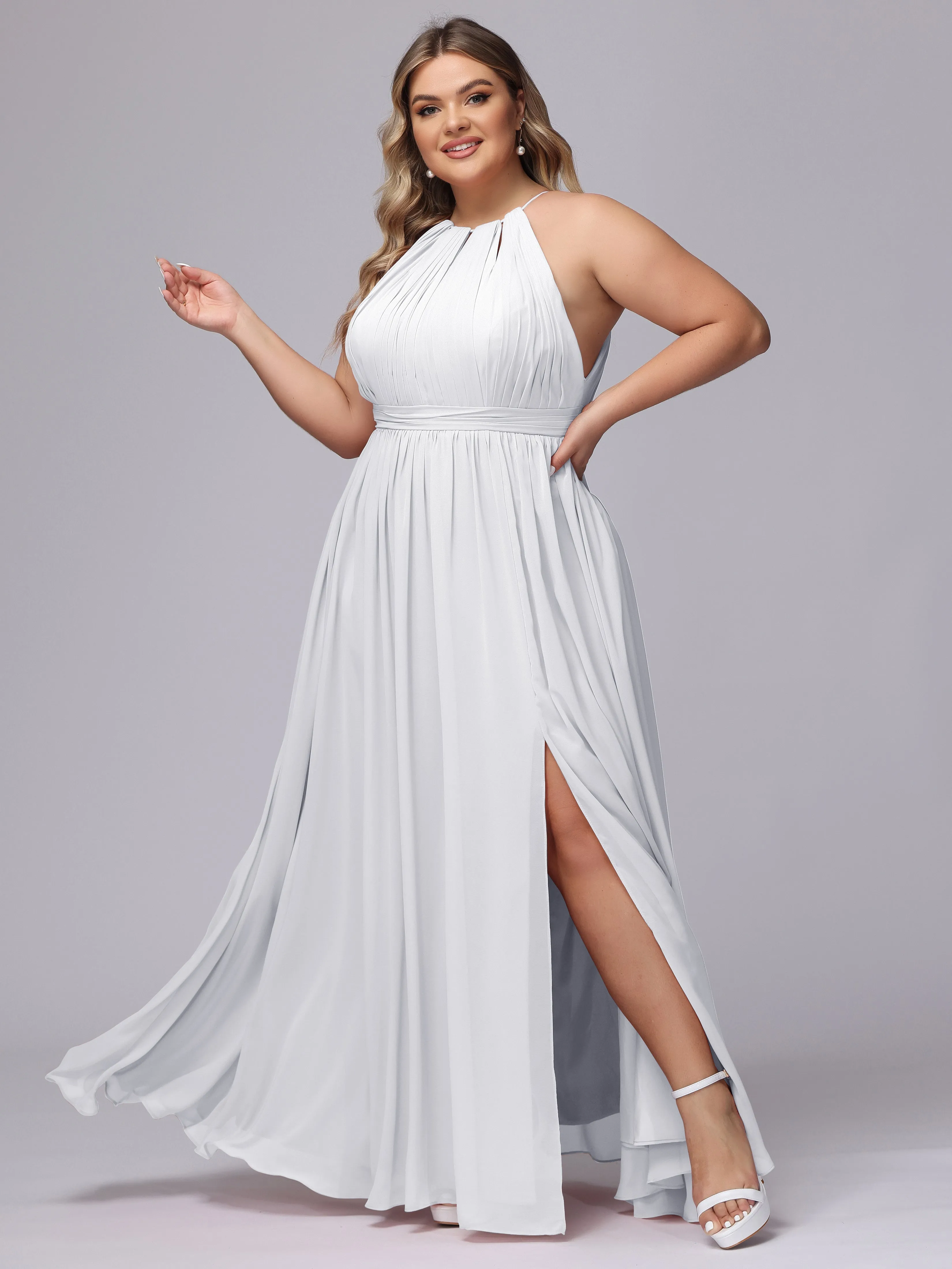 Chiffon Floor Length Halter Plus Size Split Bridesmaid Dresses