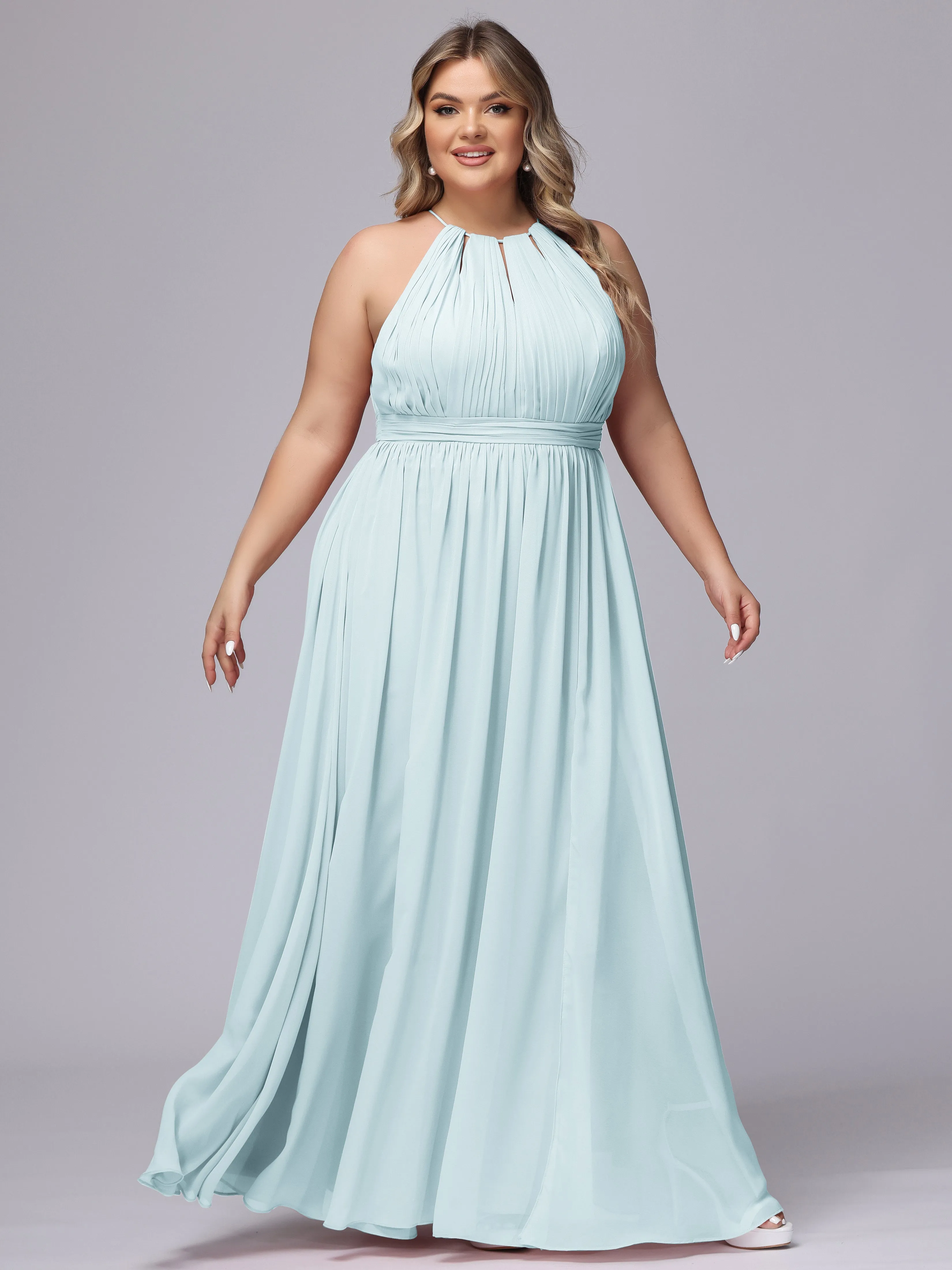 Chiffon Floor Length Halter Plus Size Split Bridesmaid Dresses
