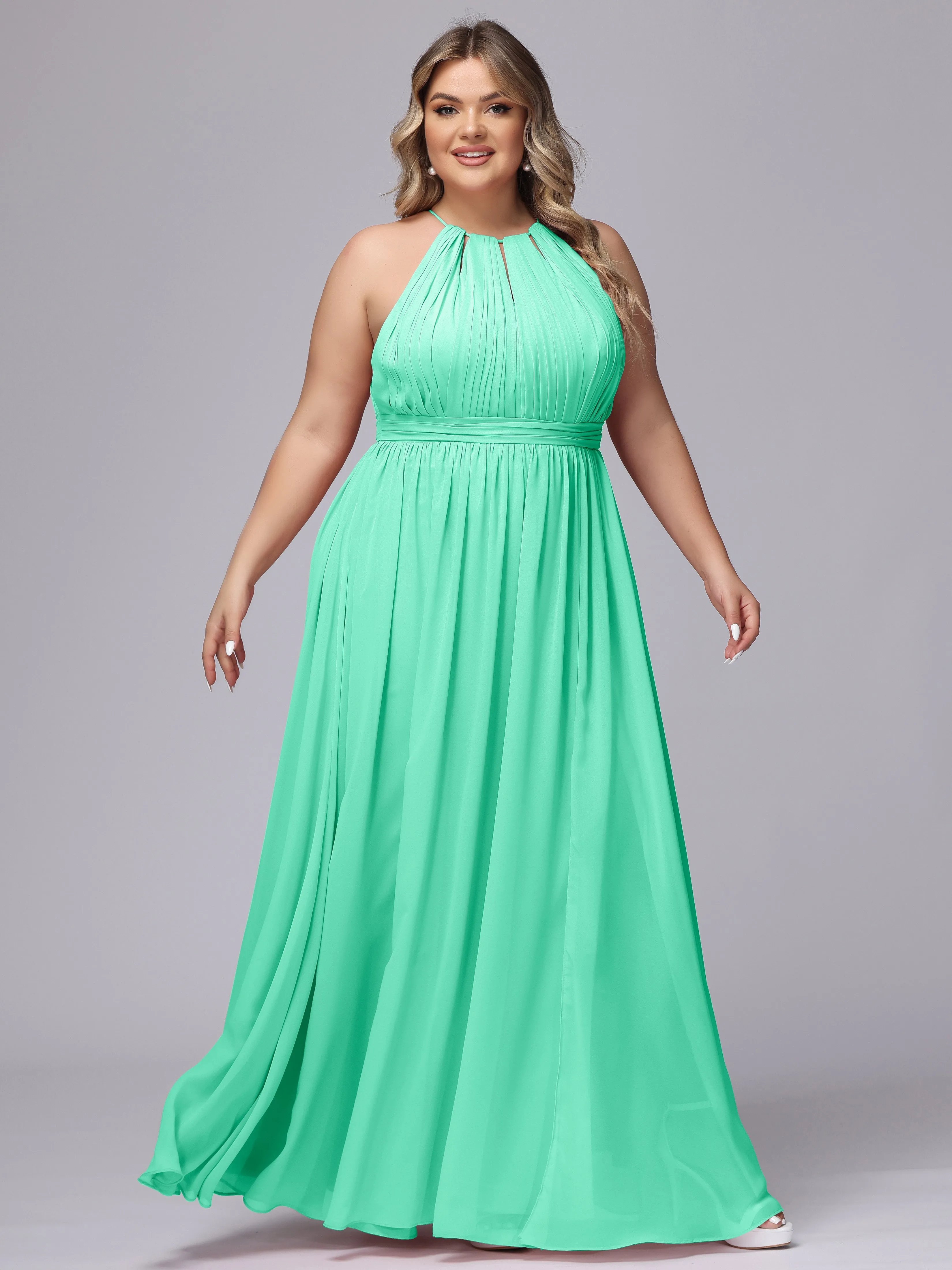 Chiffon Floor Length Halter Plus Size Split Bridesmaid Dresses