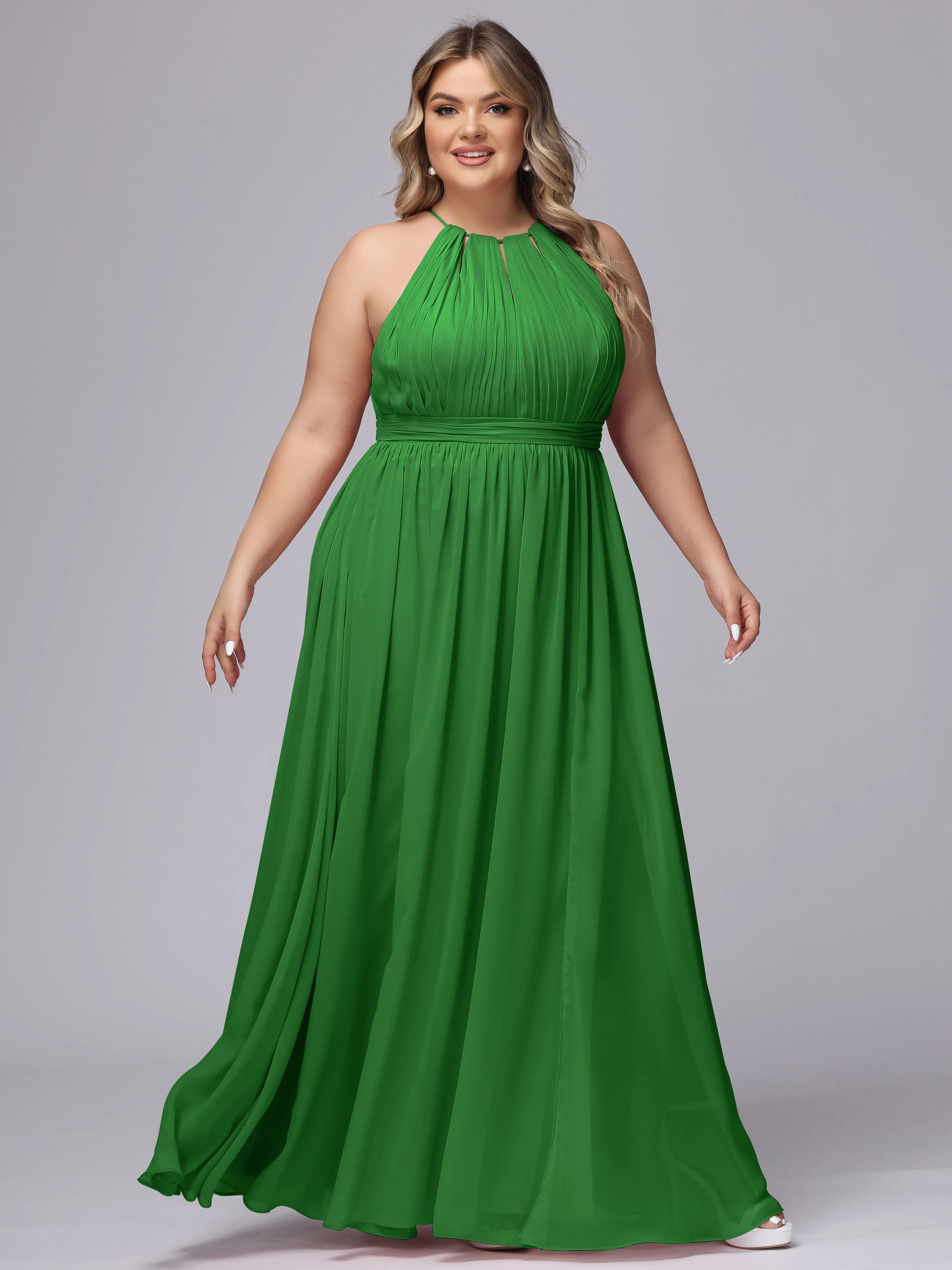 Chiffon Floor Length Halter Plus Size Split Bridesmaid Dresses