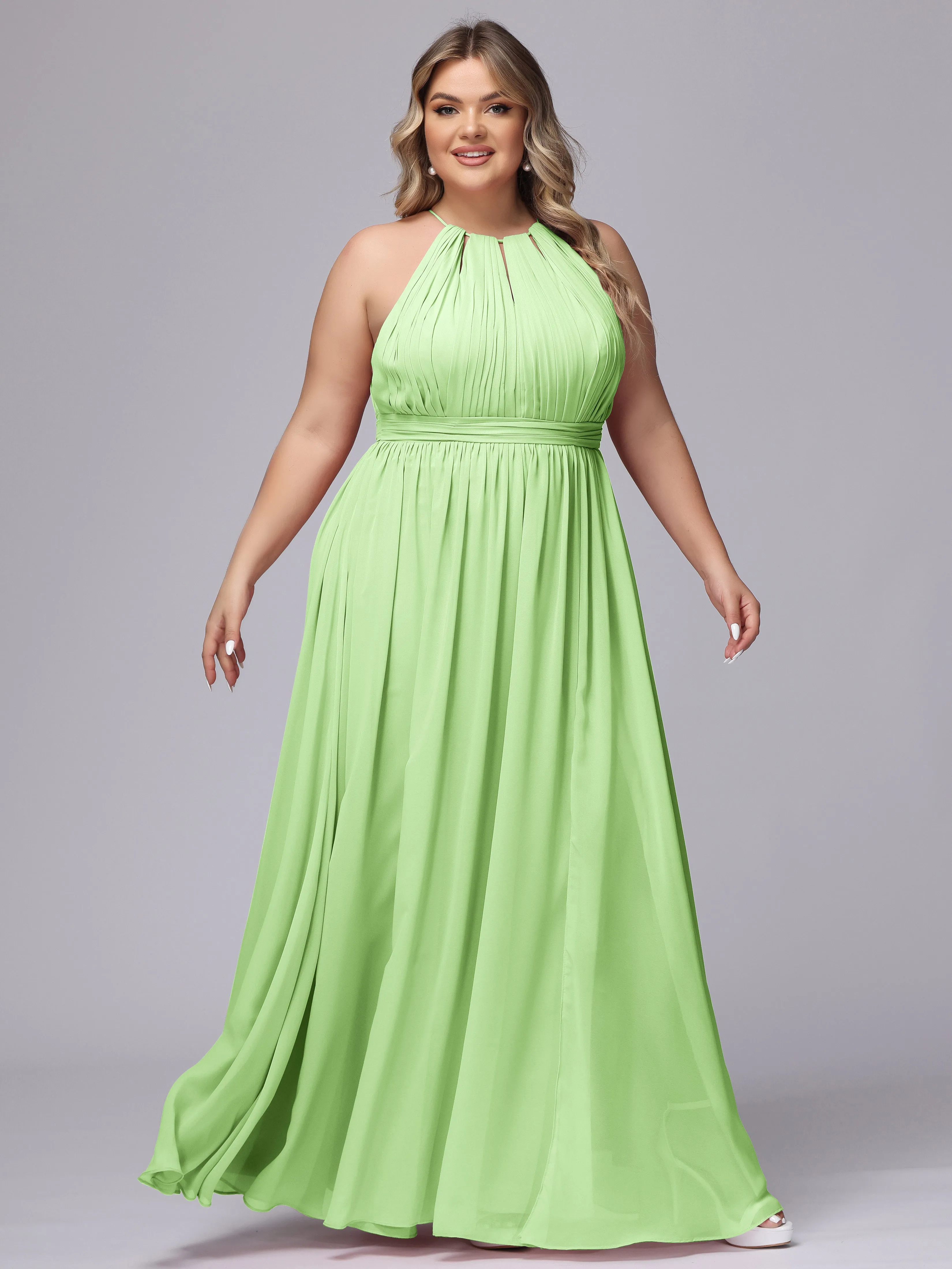 Chiffon Floor Length Halter Plus Size Split Bridesmaid Dresses