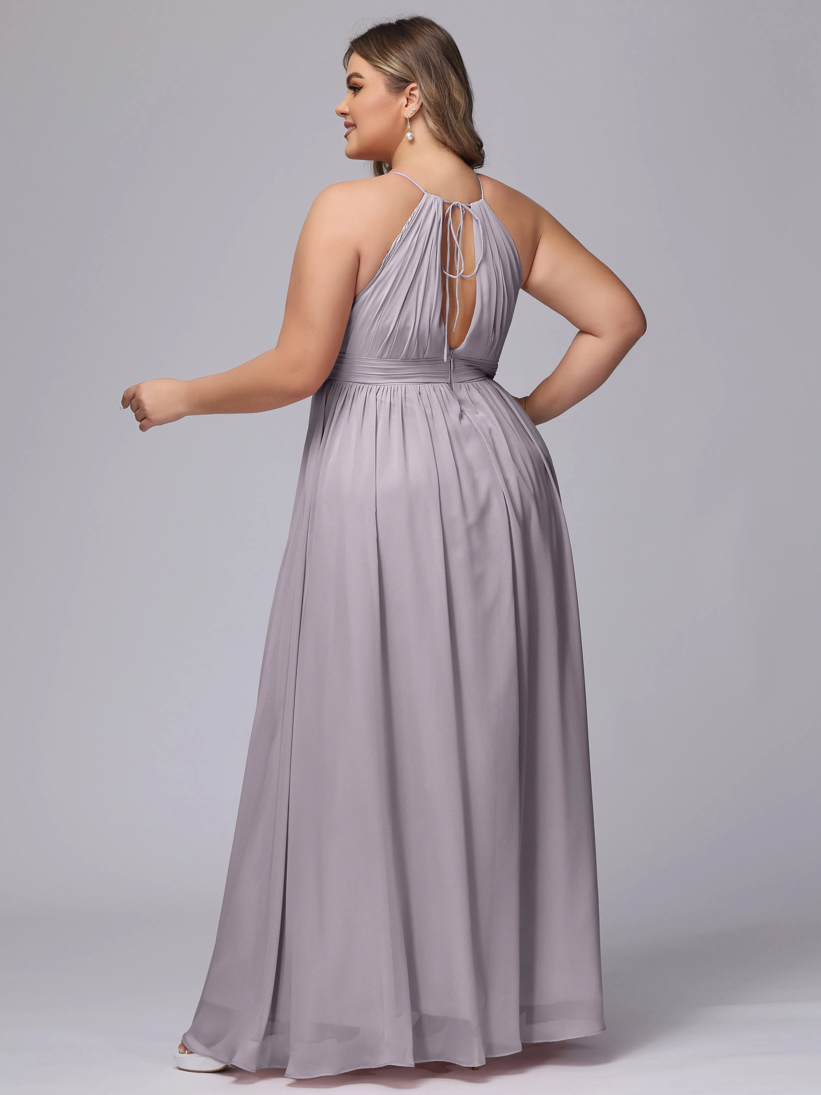 Chiffon Floor Length Halter Plus Size Split Bridesmaid Dresses