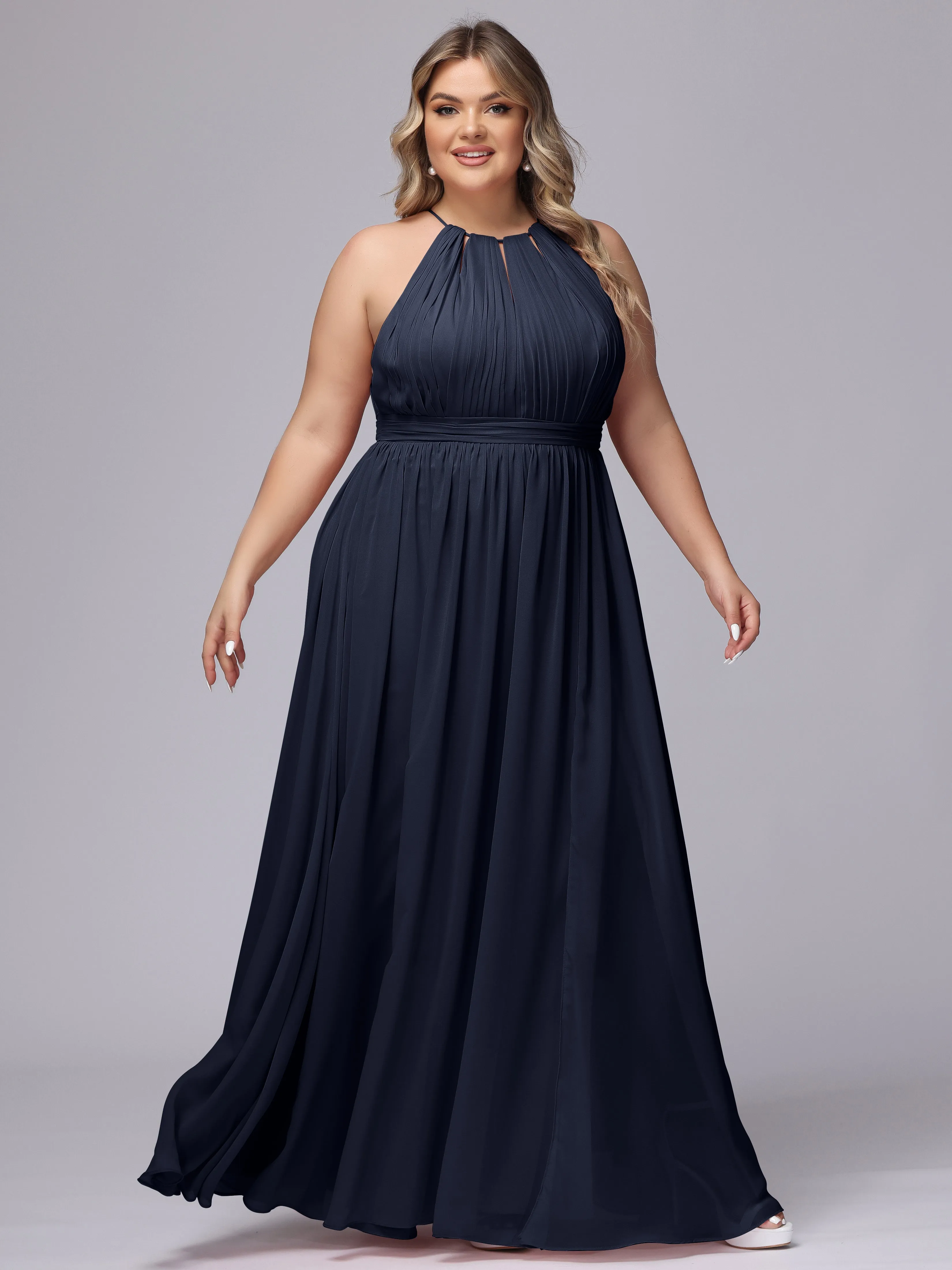 Chiffon Floor Length Halter Plus Size Split Bridesmaid Dresses