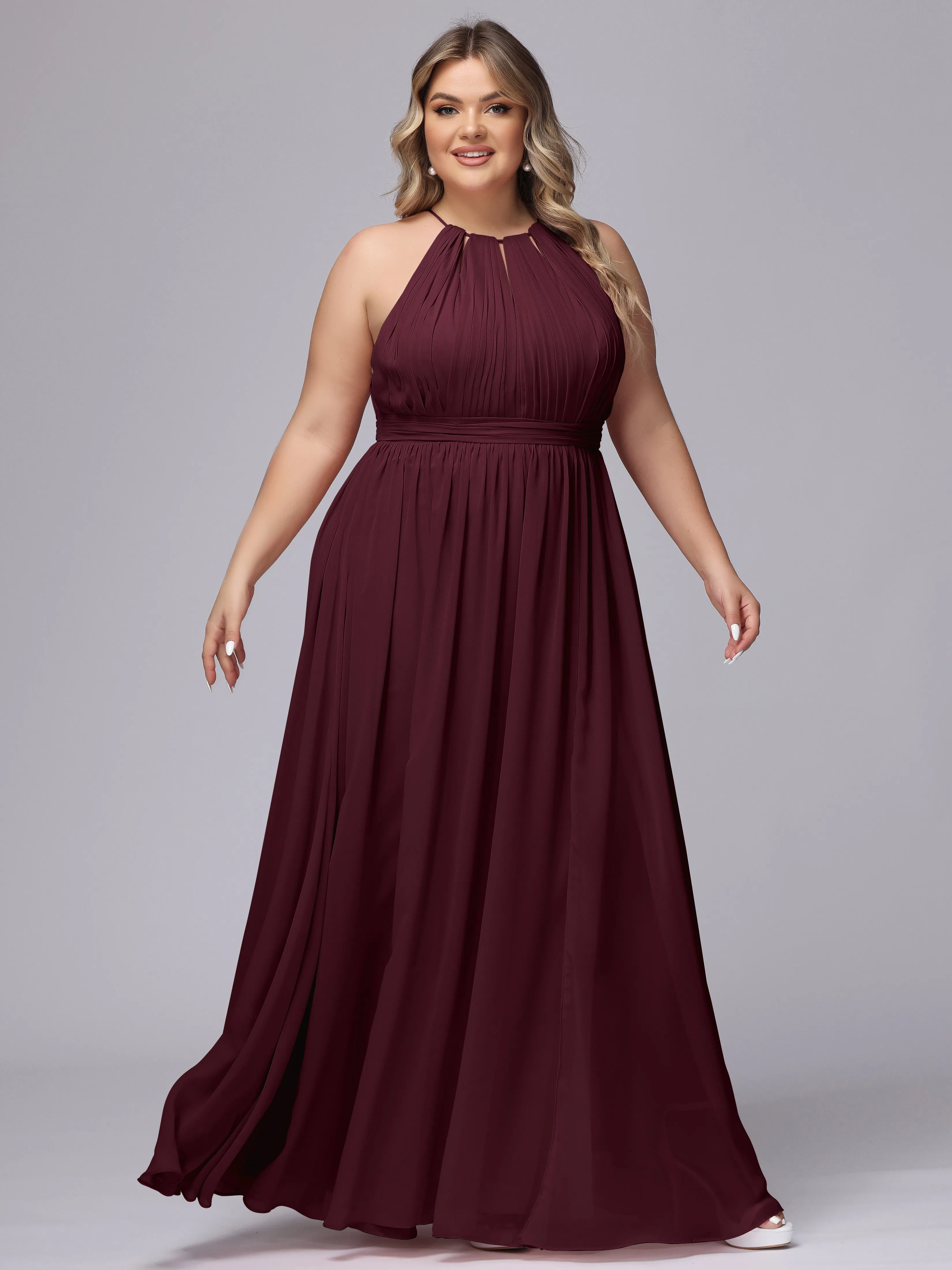 Chiffon Floor Length Halter Plus Size Split Bridesmaid Dresses