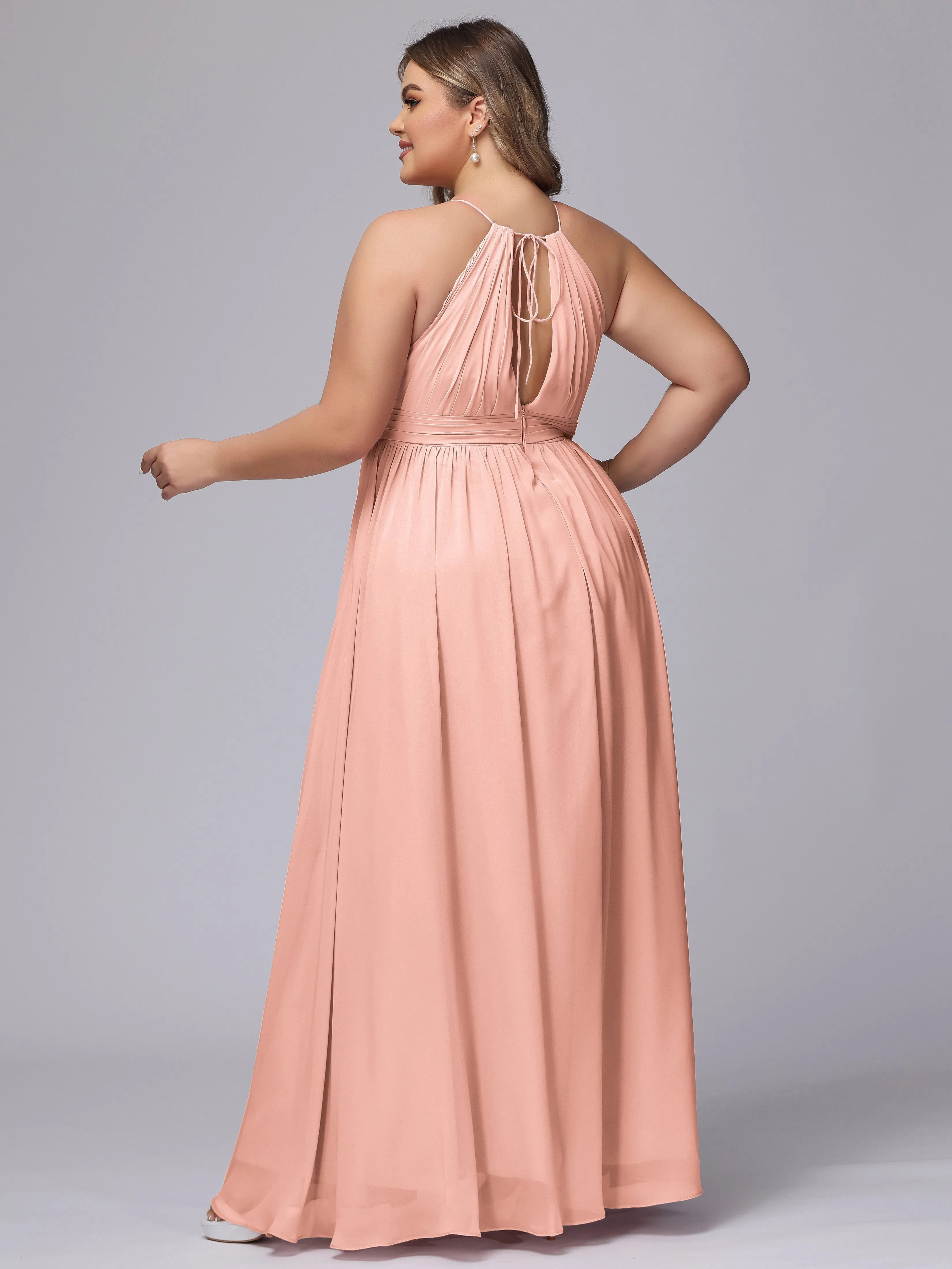Chiffon Floor Length Halter Plus Size Split Bridesmaid Dresses