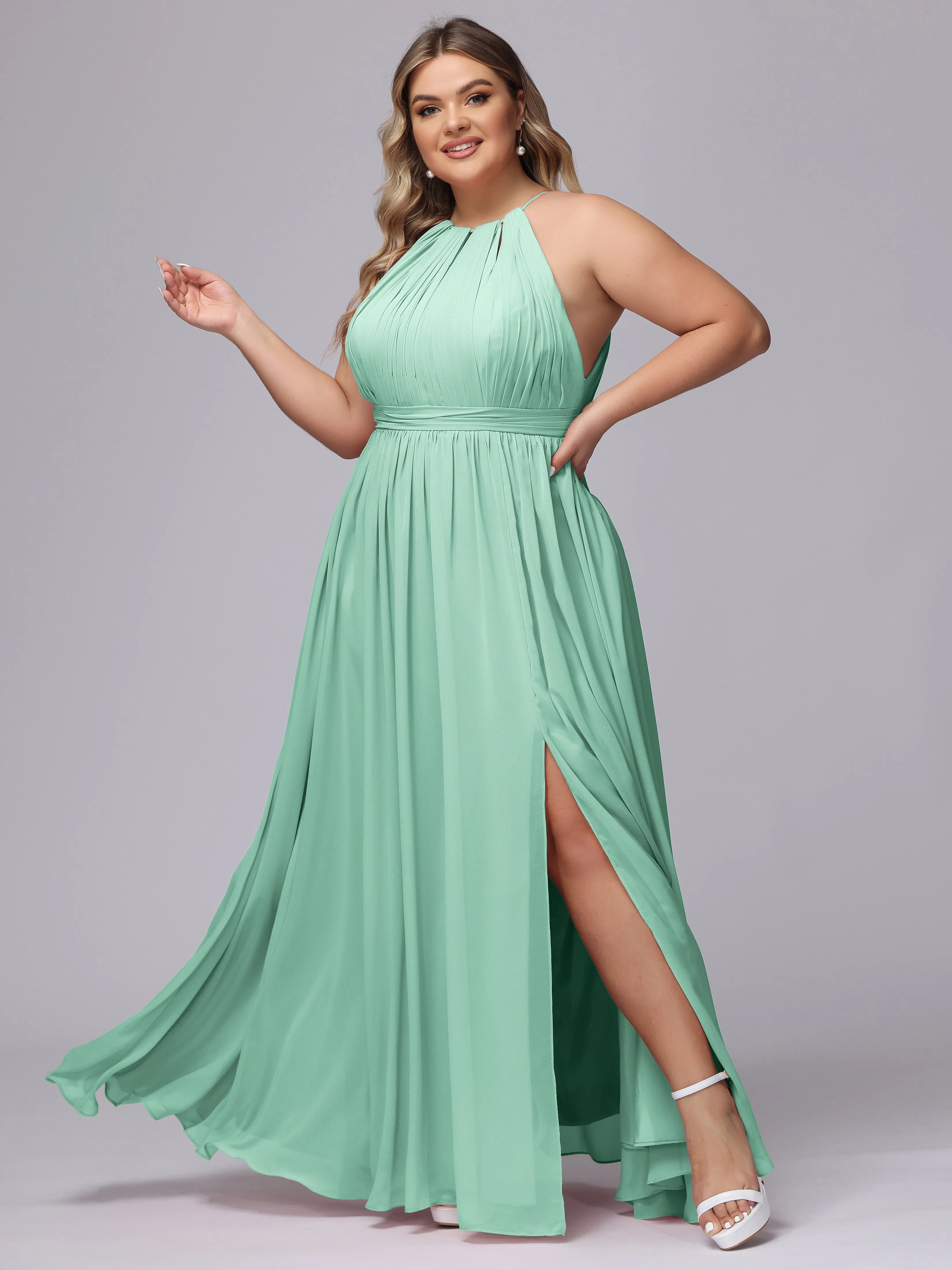 Chiffon Floor Length Halter Plus Size Split Bridesmaid Dresses