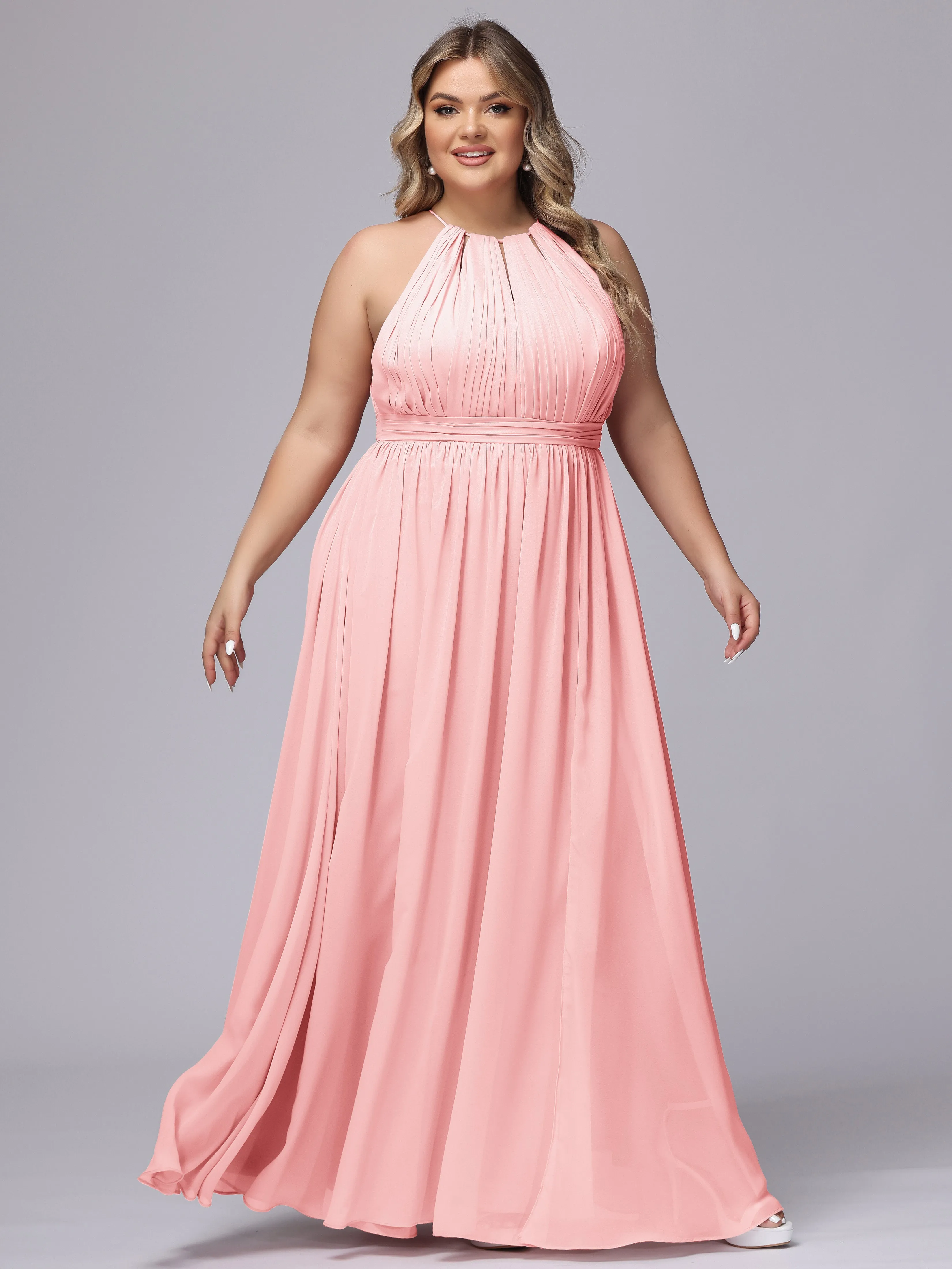 Chiffon Floor Length Halter Plus Size Split Bridesmaid Dresses