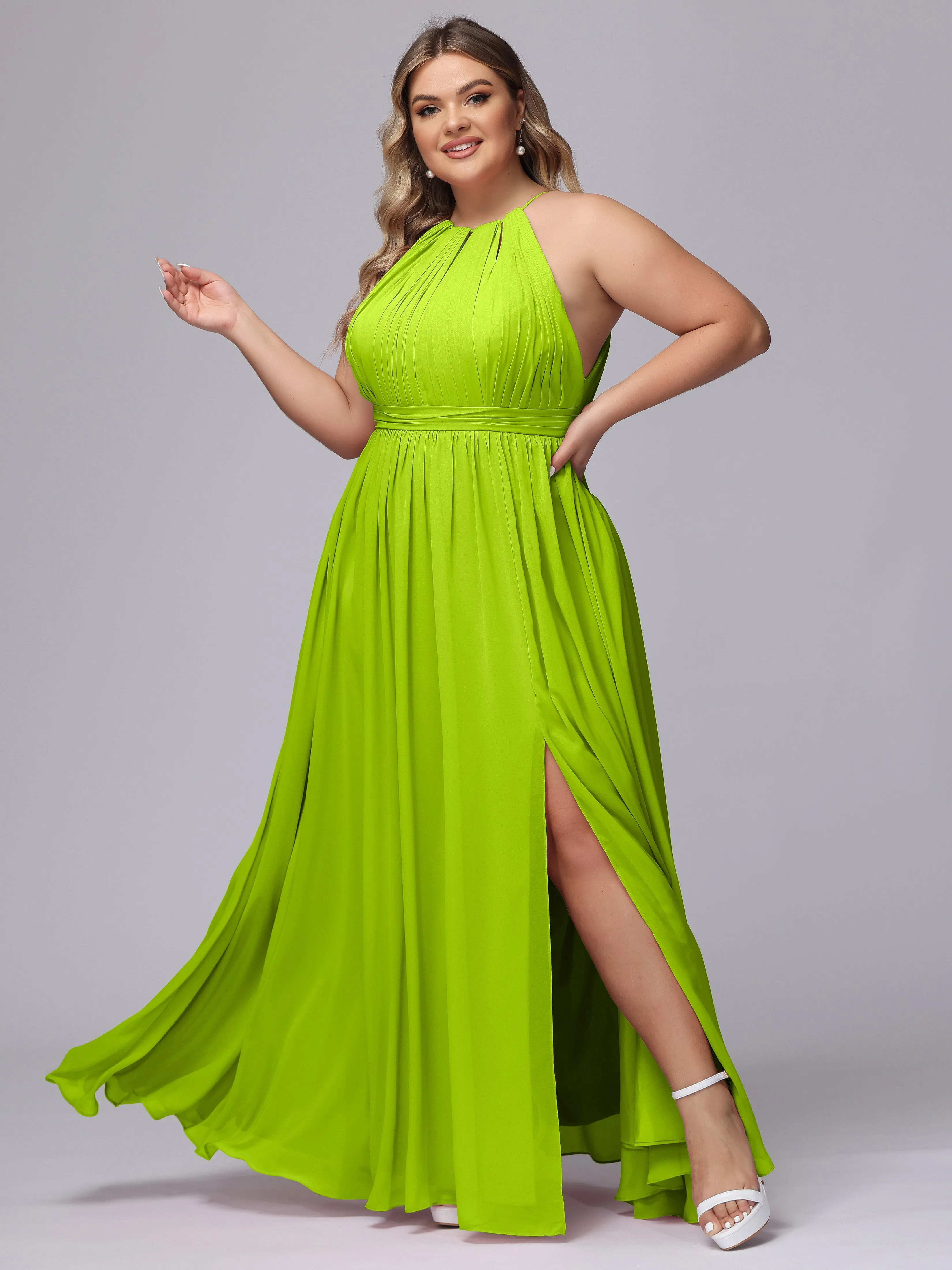 Chiffon Floor Length Halter Plus Size Split Bridesmaid Dresses