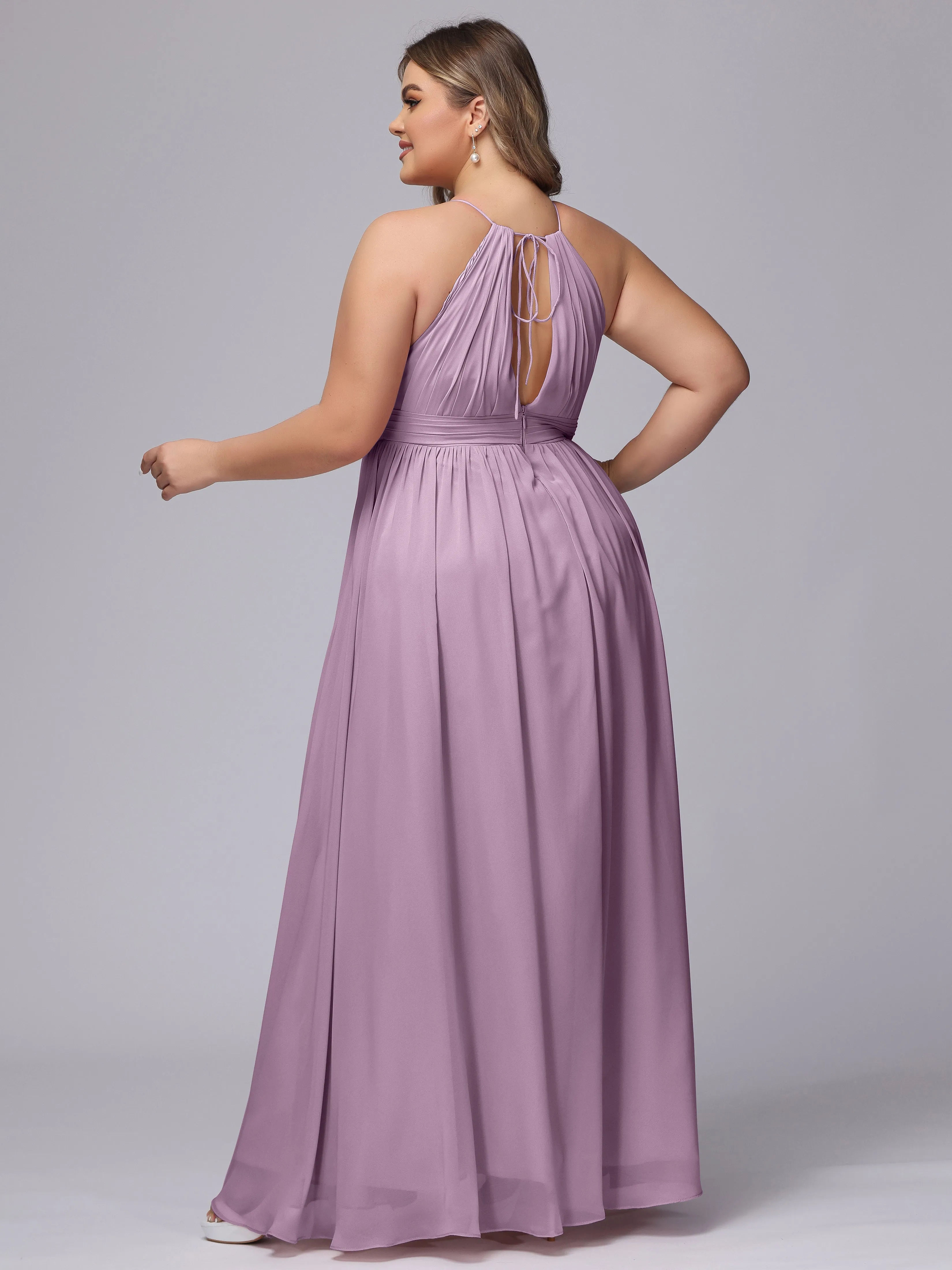 Chiffon Floor Length Halter Plus Size Split Bridesmaid Dresses