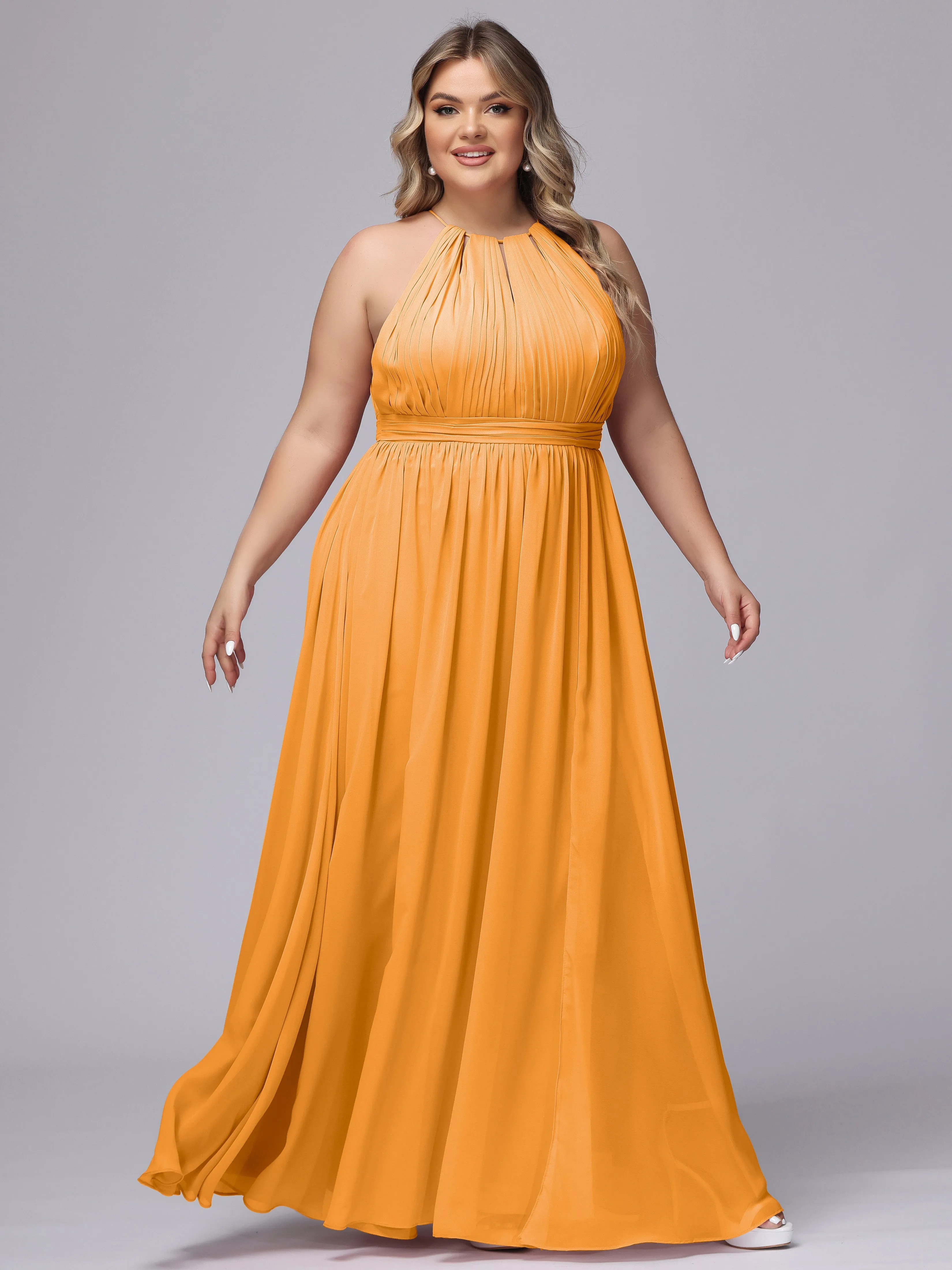 Chiffon Floor Length Halter Plus Size Split Bridesmaid Dresses