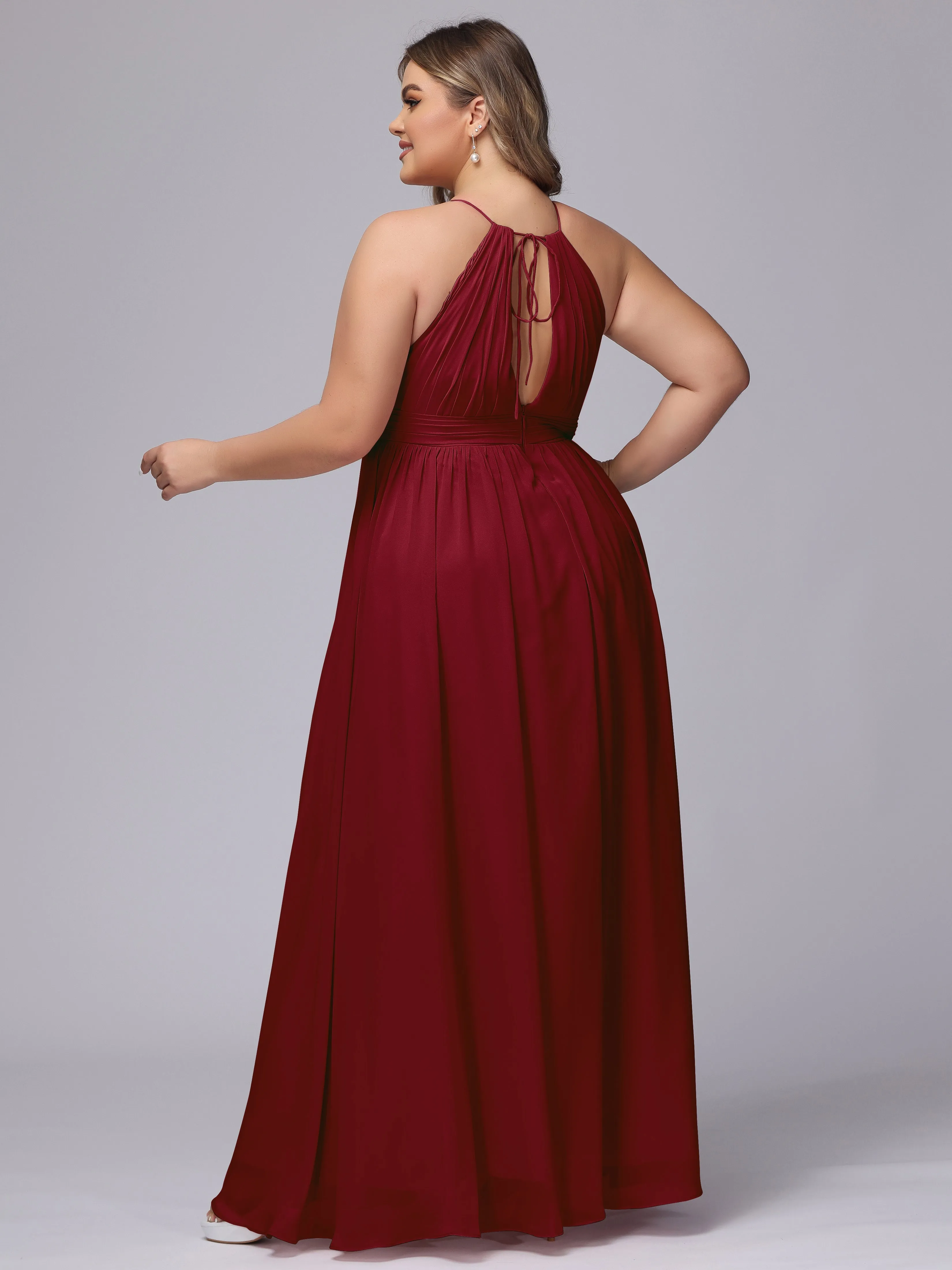 Chiffon Floor Length Halter Plus Size Split Bridesmaid Dresses