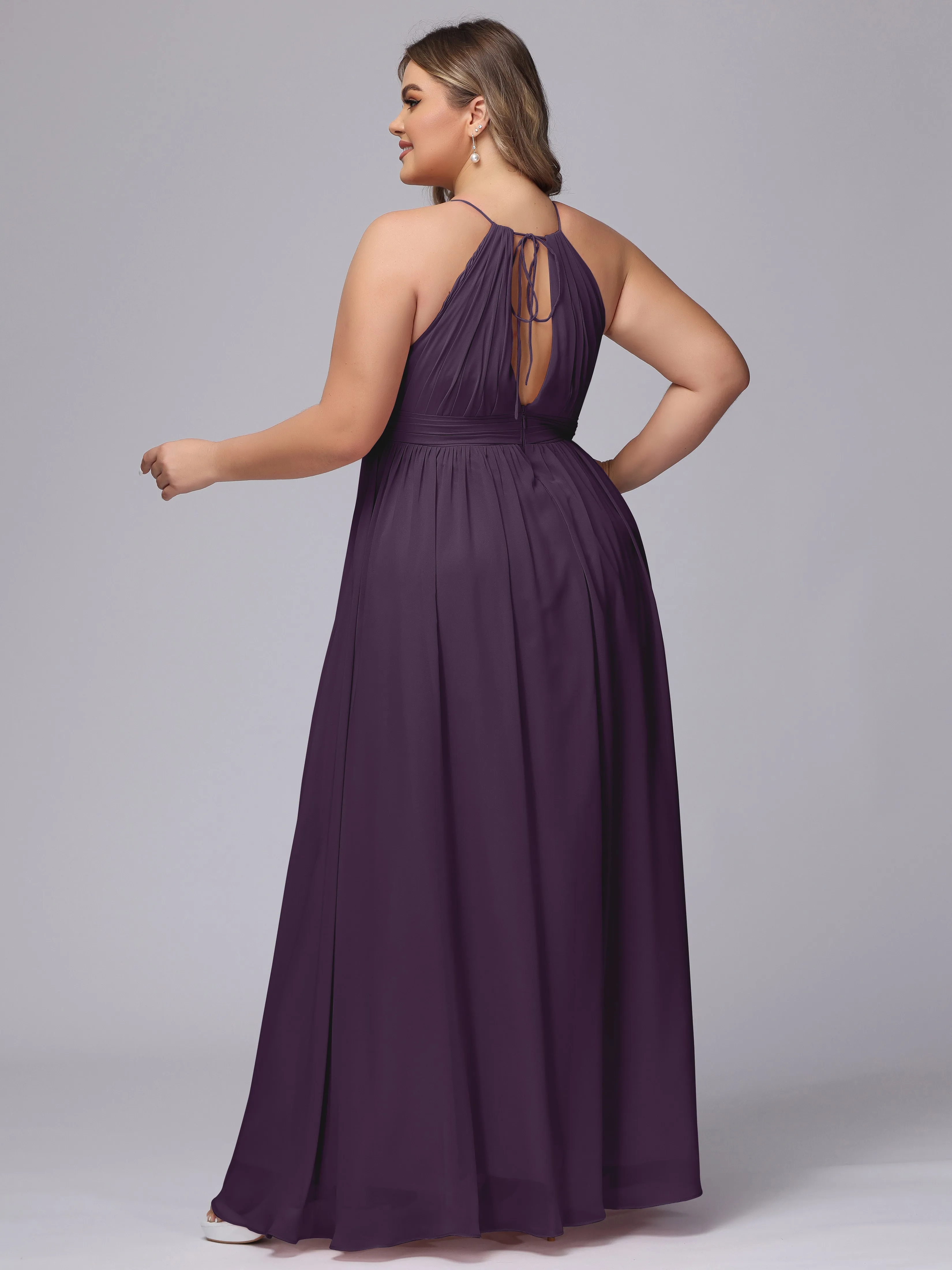 Chiffon Floor Length Halter Plus Size Split Bridesmaid Dresses