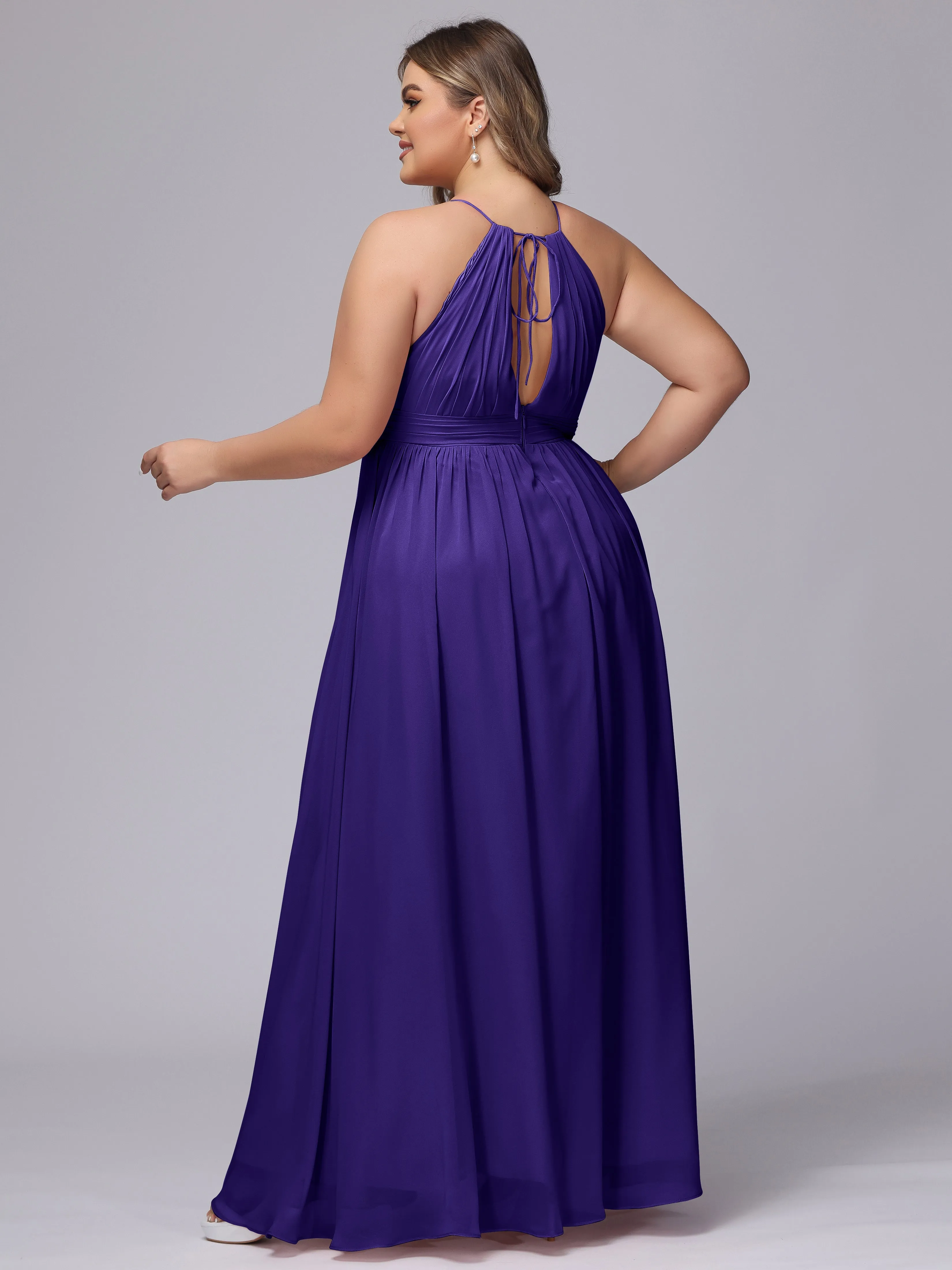 Chiffon Floor Length Halter Plus Size Split Bridesmaid Dresses