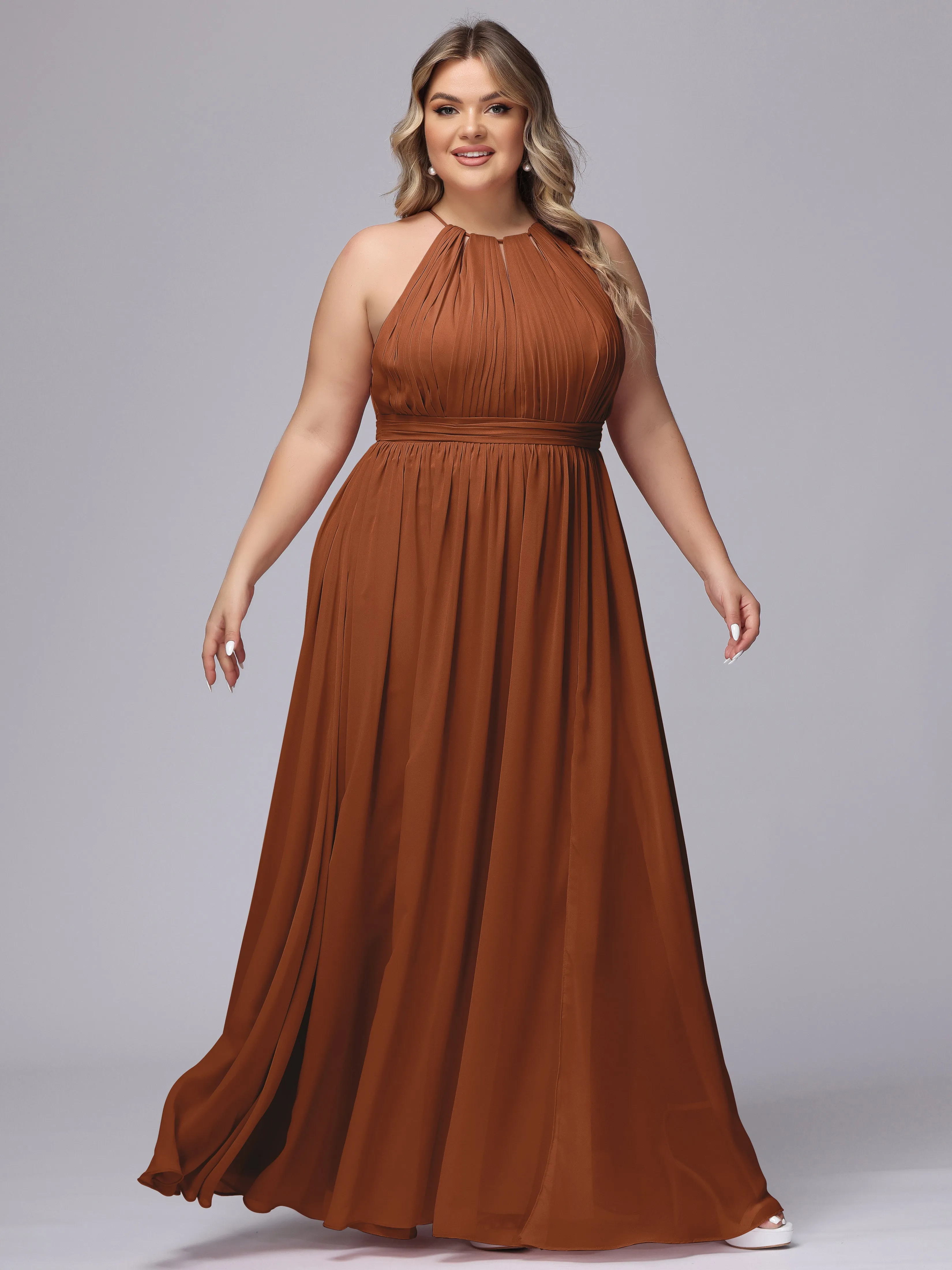 Chiffon Floor Length Halter Plus Size Split Bridesmaid Dresses