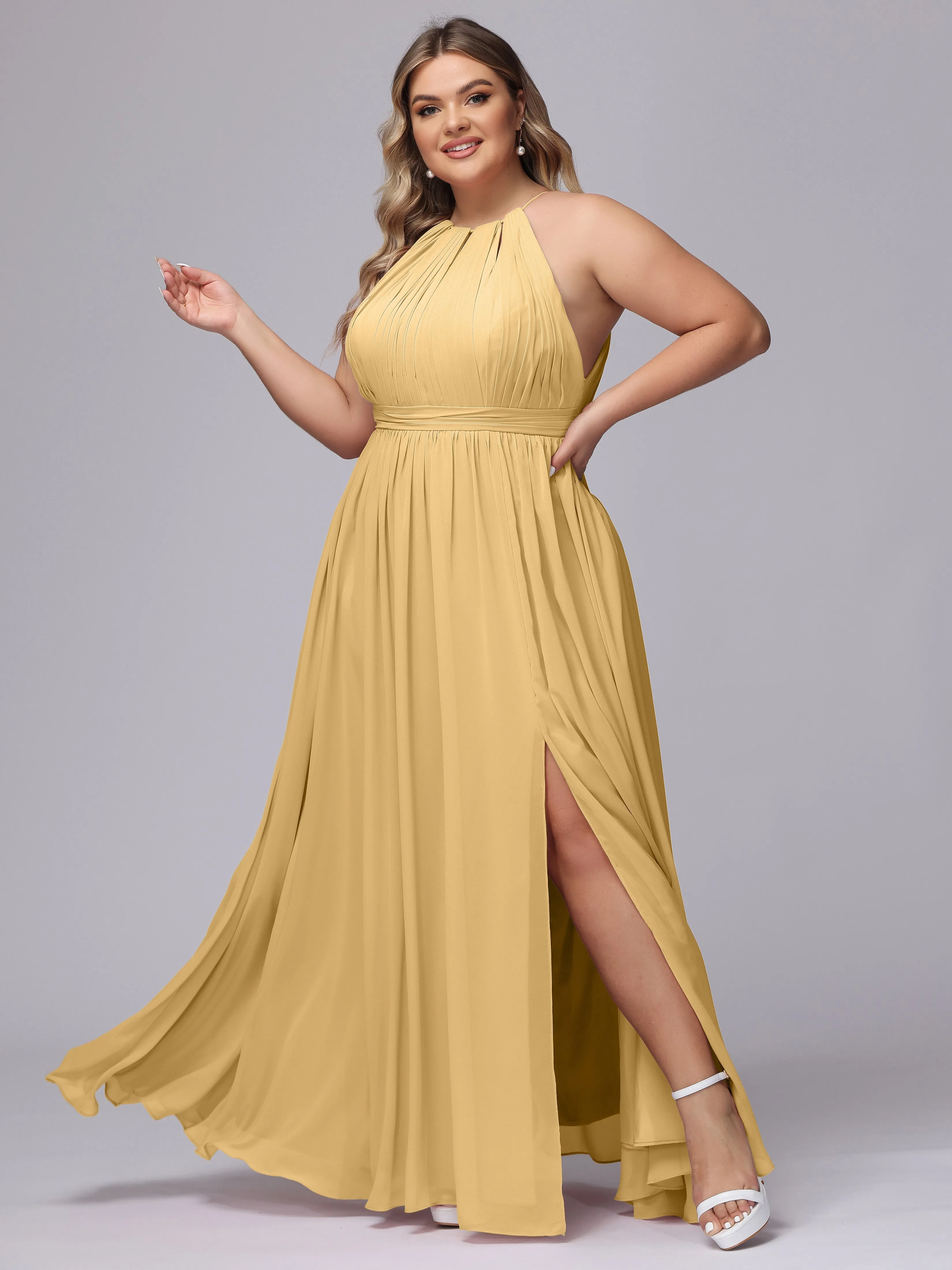 Chiffon Floor Length Halter Plus Size Split Bridesmaid Dresses