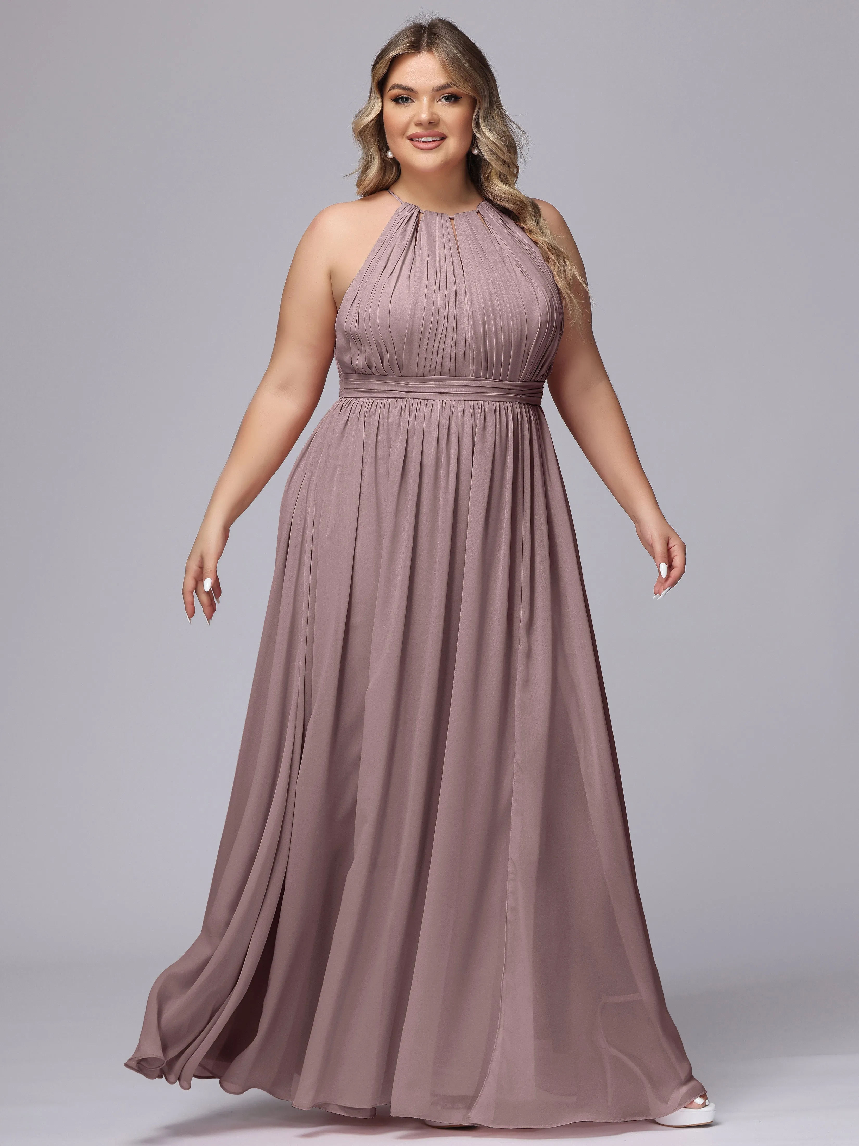 Chiffon Floor Length Halter Plus Size Split Bridesmaid Dresses