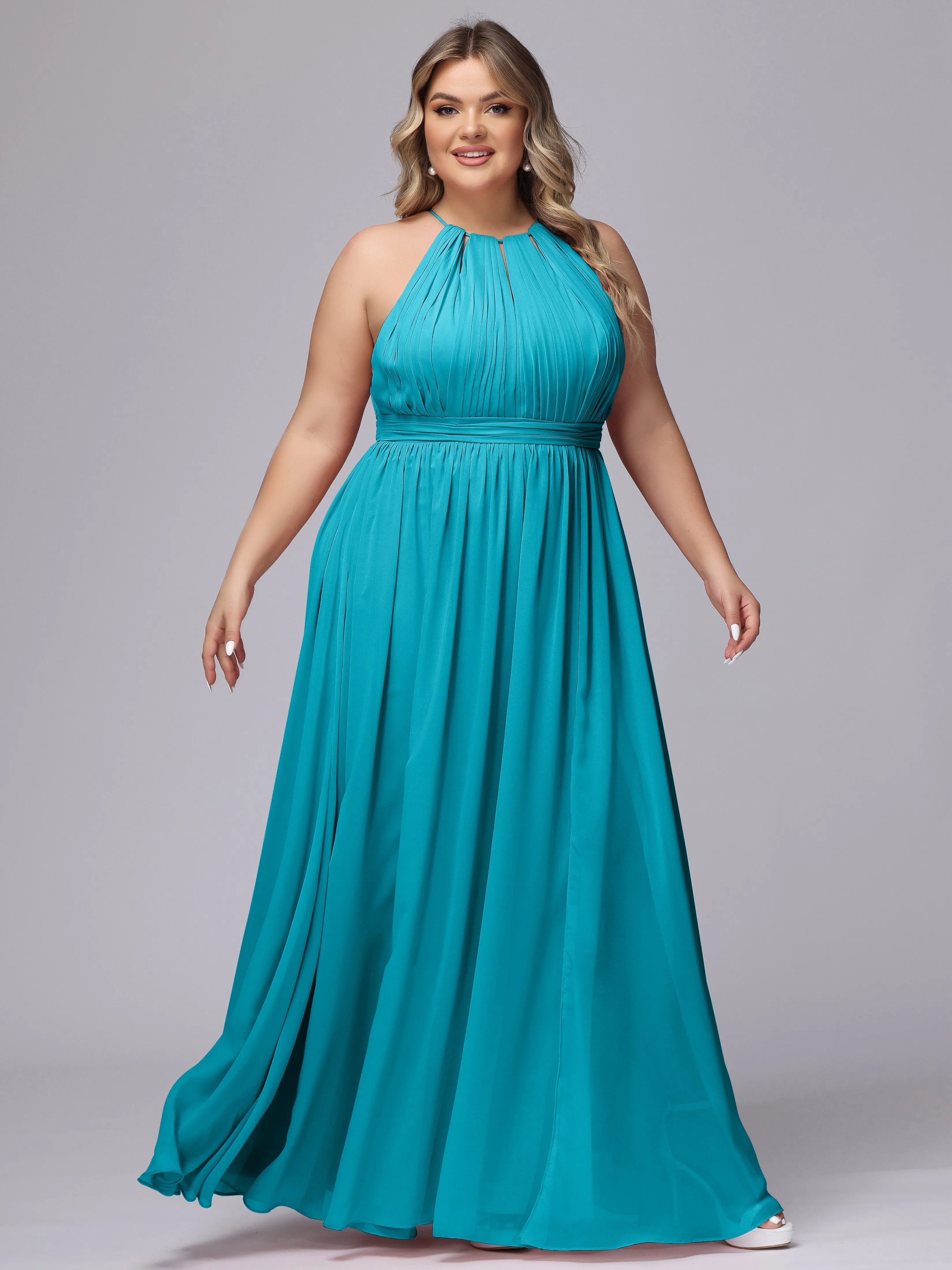 Chiffon Floor Length Halter Plus Size Split Bridesmaid Dresses