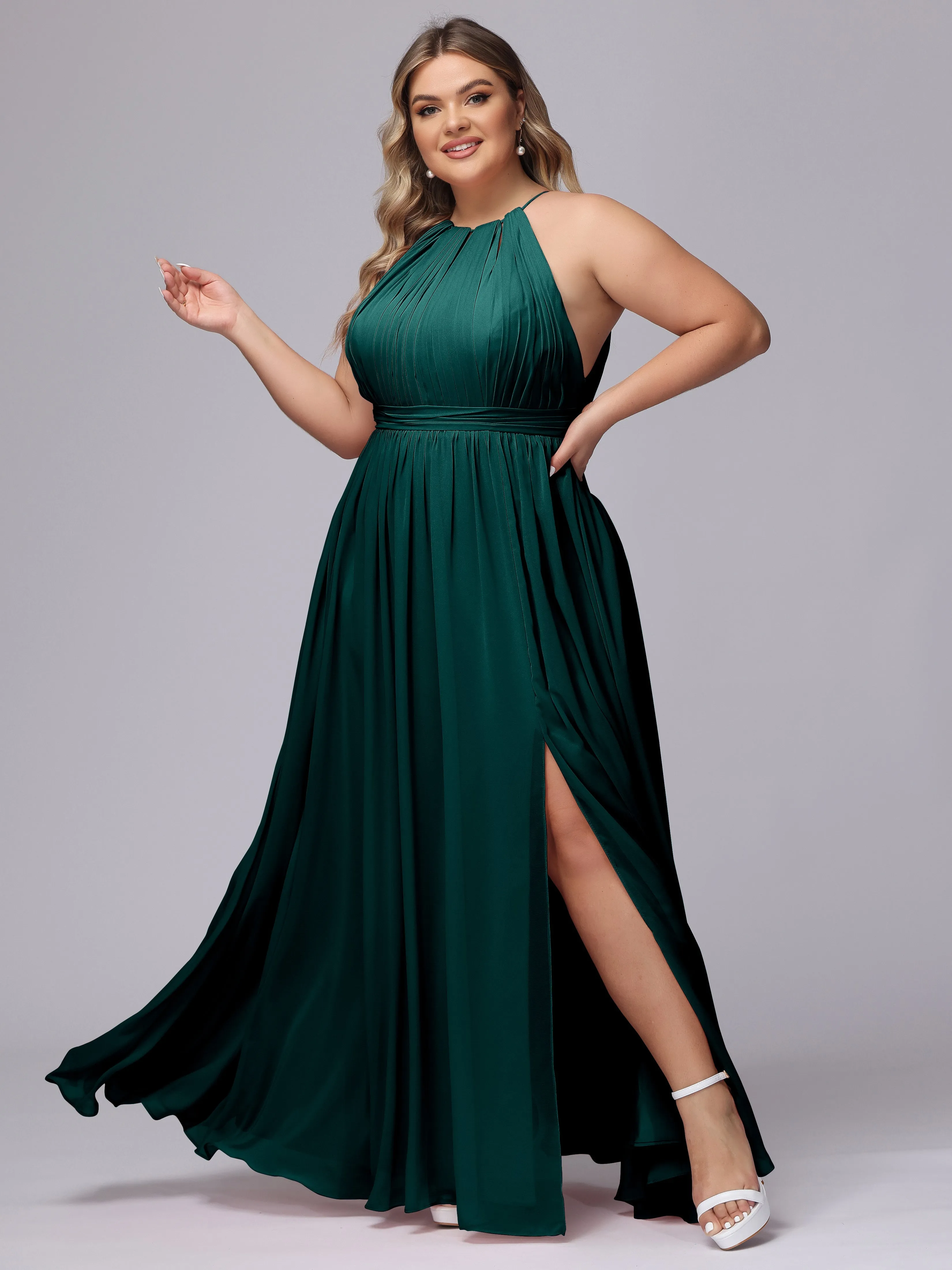 Chiffon Floor Length Halter Plus Size Split Bridesmaid Dresses