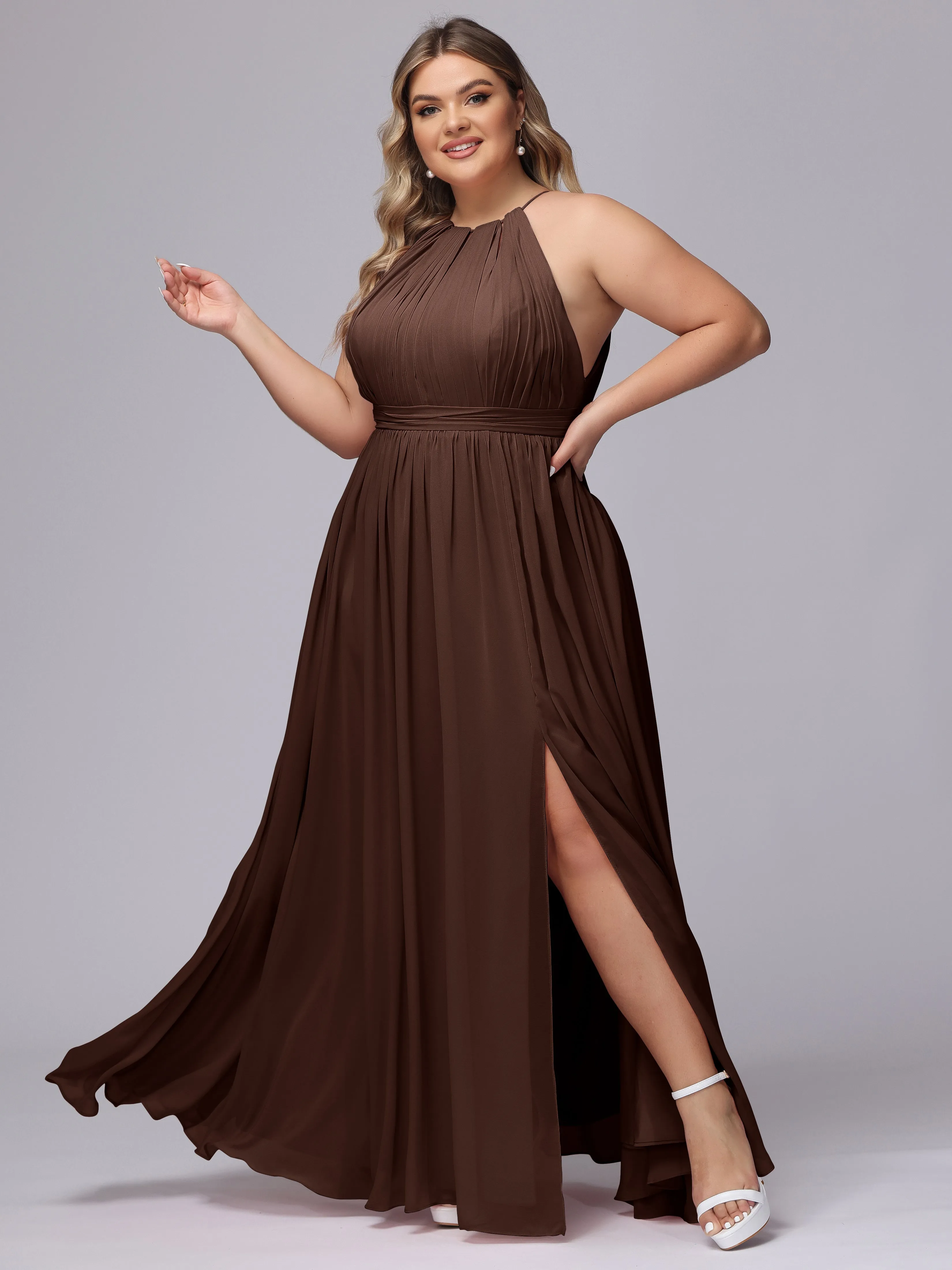 Chiffon Floor Length Halter Plus Size Split Bridesmaid Dresses