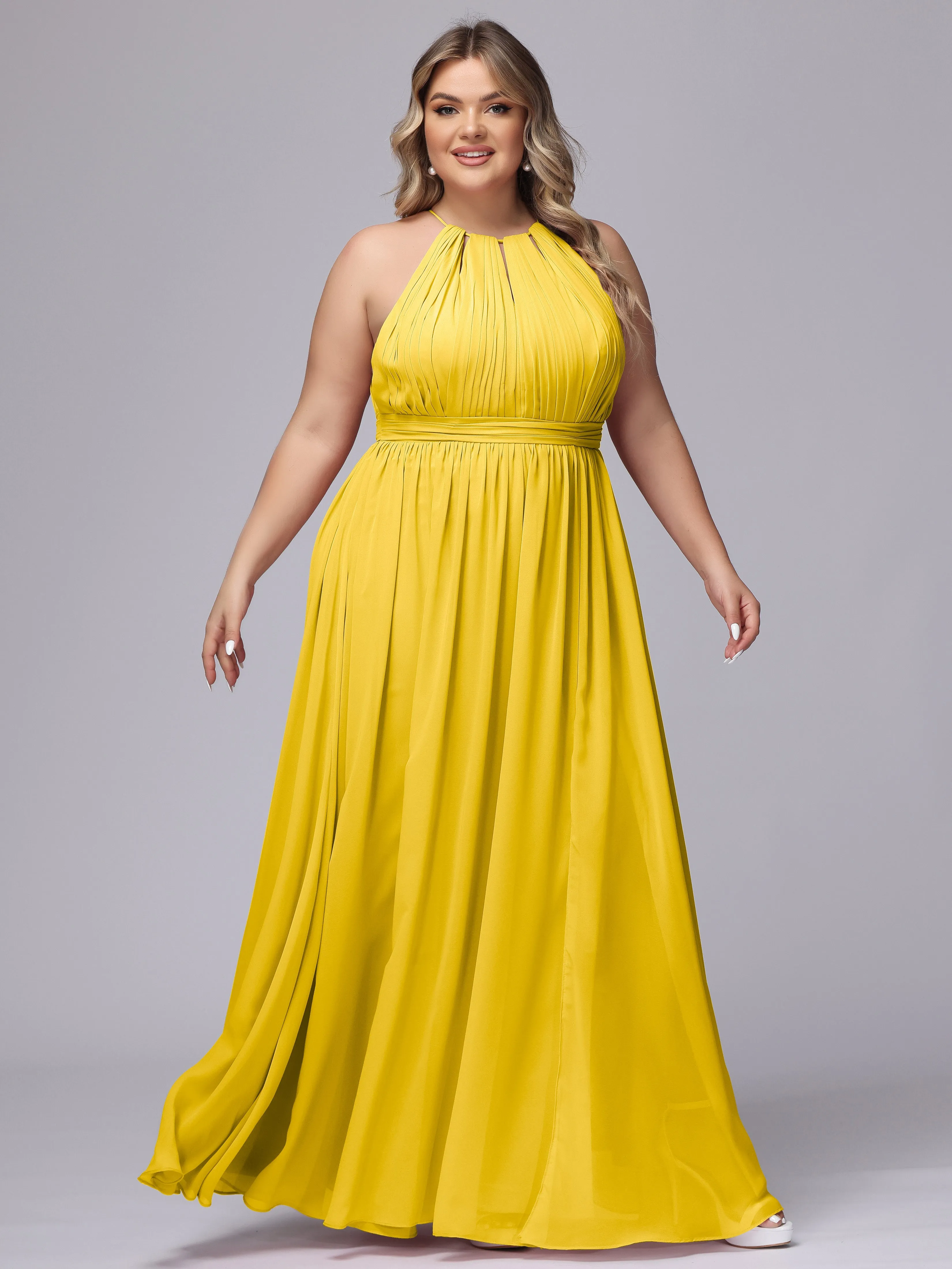 Chiffon Floor Length Halter Plus Size Split Bridesmaid Dresses