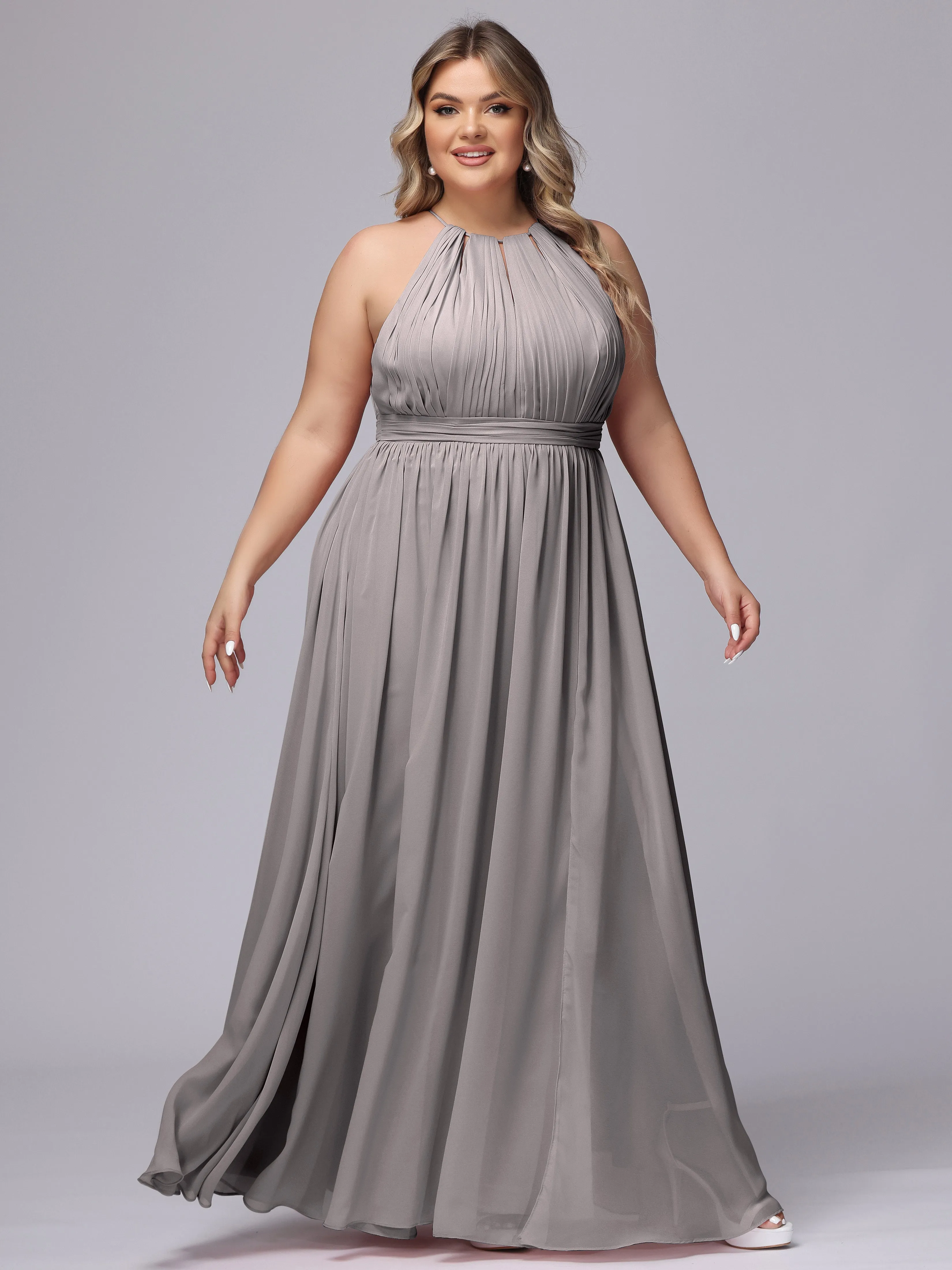 Chiffon Floor Length Halter Plus Size Split Bridesmaid Dresses