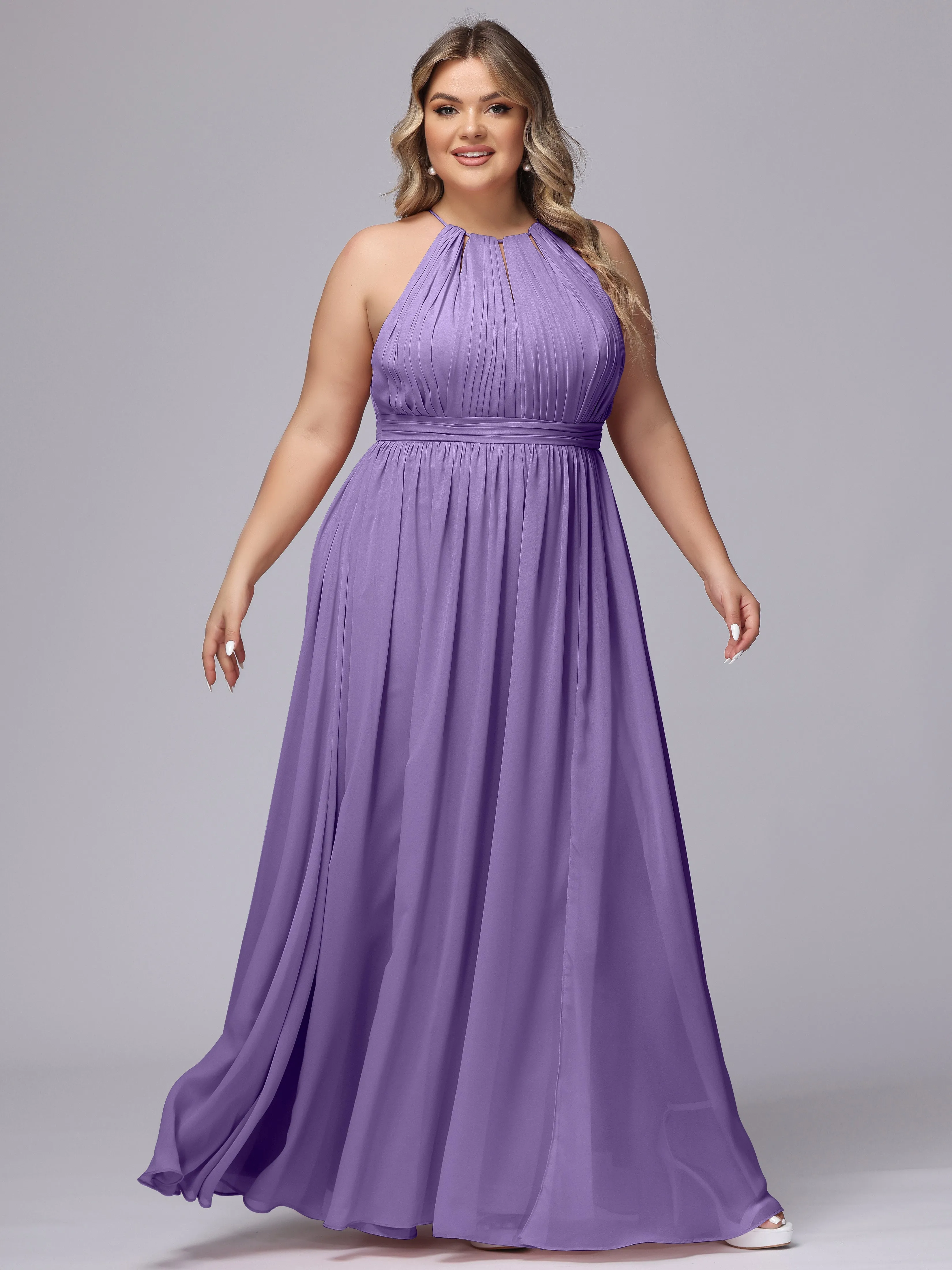 Chiffon Floor Length Halter Plus Size Split Bridesmaid Dresses