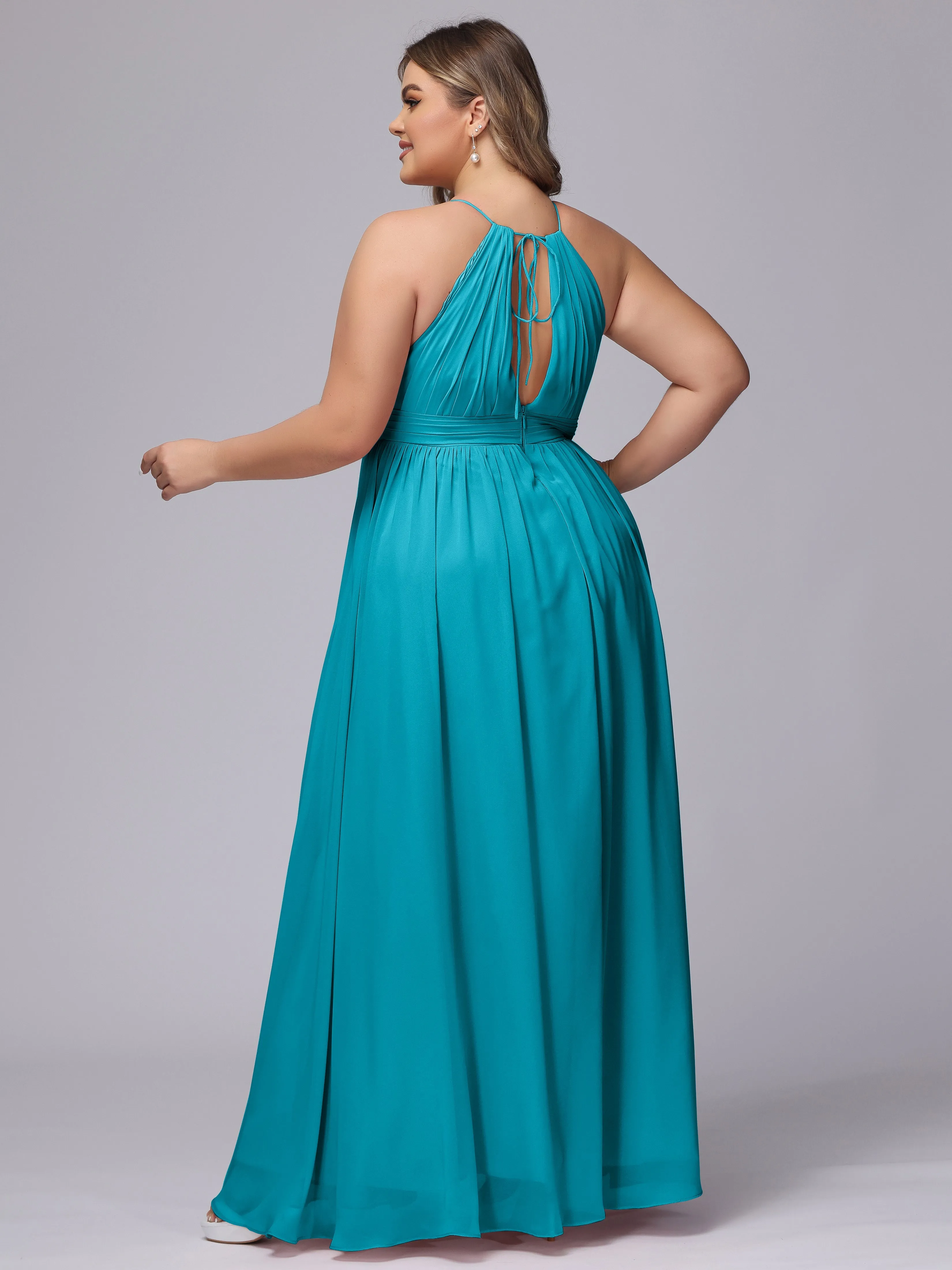 Chiffon Floor Length Halter Plus Size Split Bridesmaid Dresses