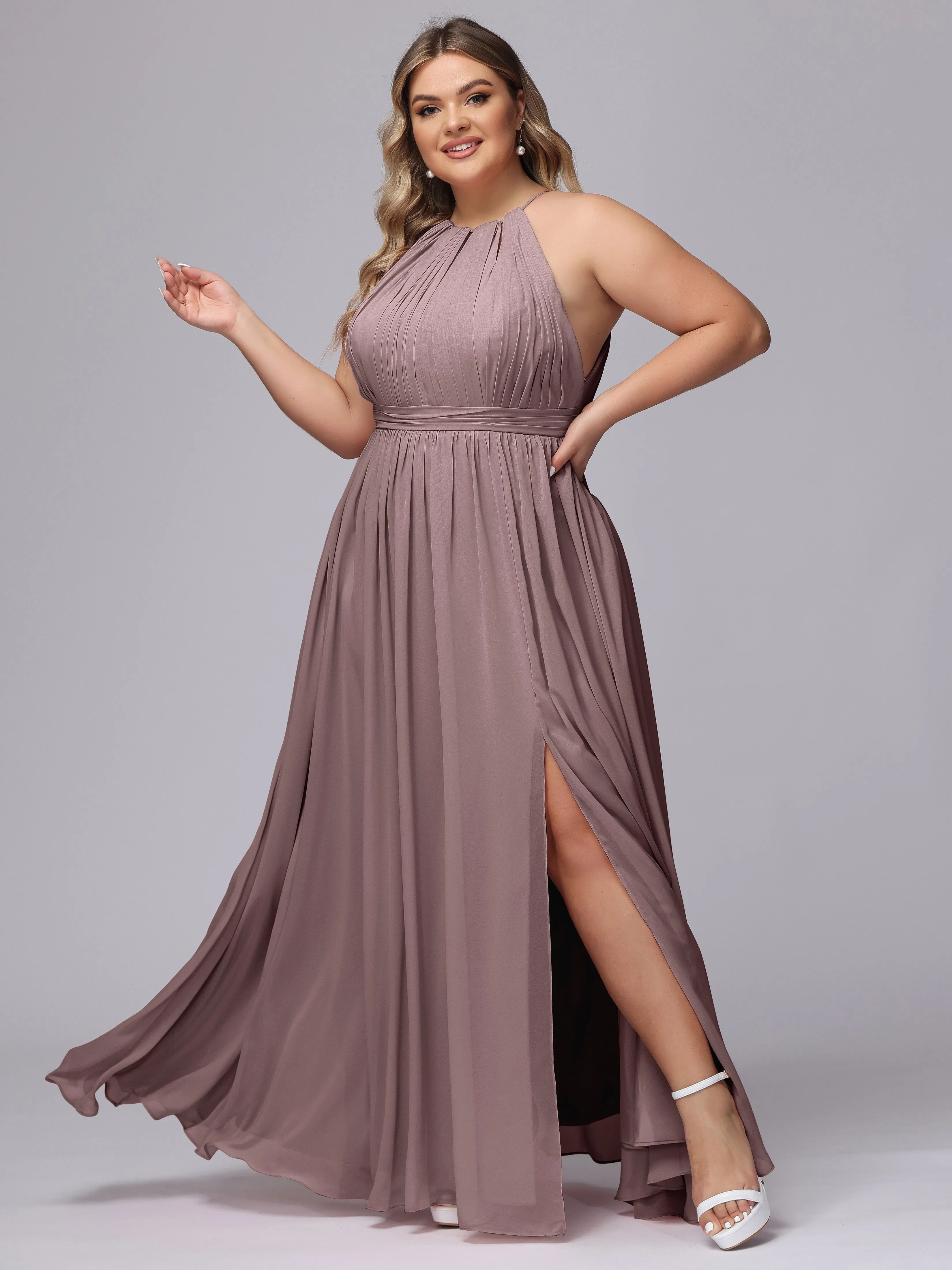 Chiffon Floor Length Halter Plus Size Split Bridesmaid Dresses