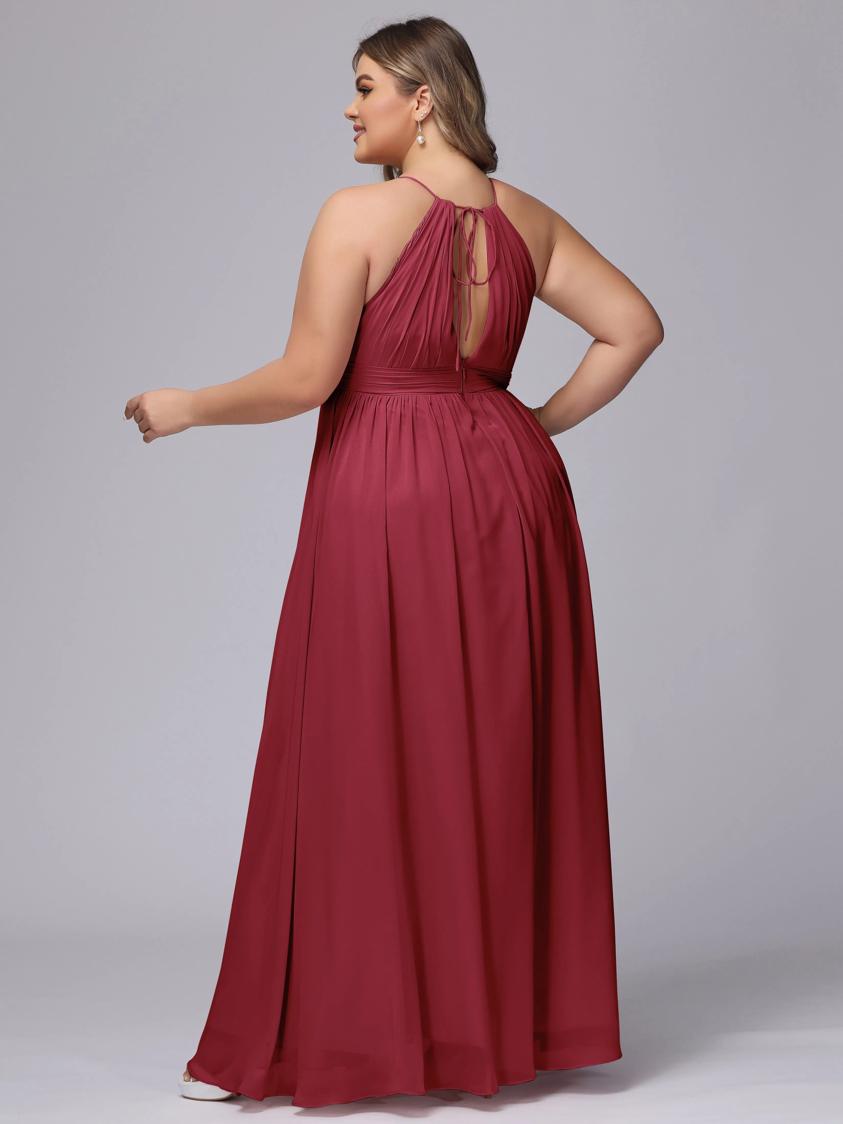 Chiffon Floor Length Halter Plus Size Split Bridesmaid Dresses