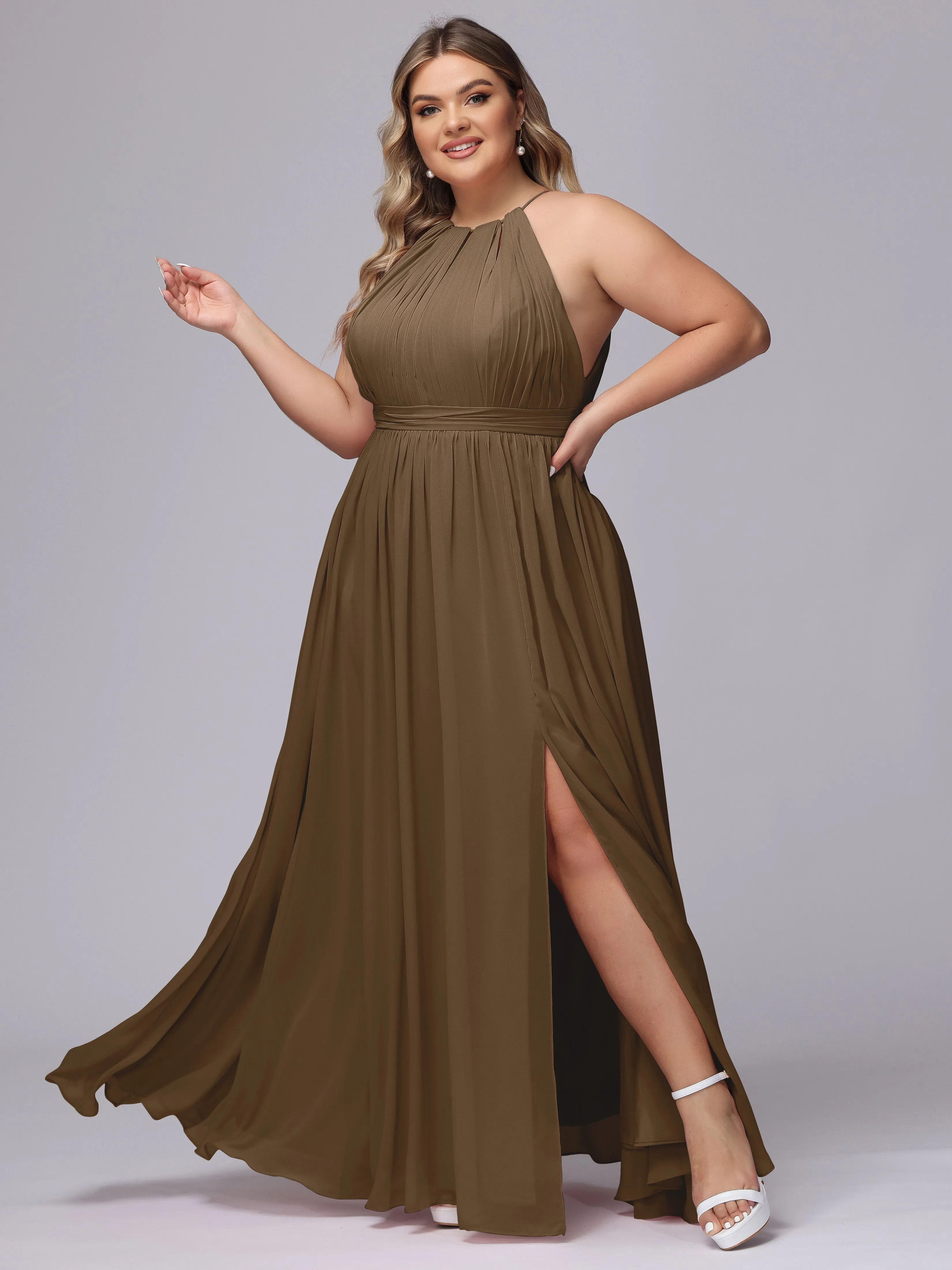 Chiffon Floor Length Halter Plus Size Split Bridesmaid Dresses