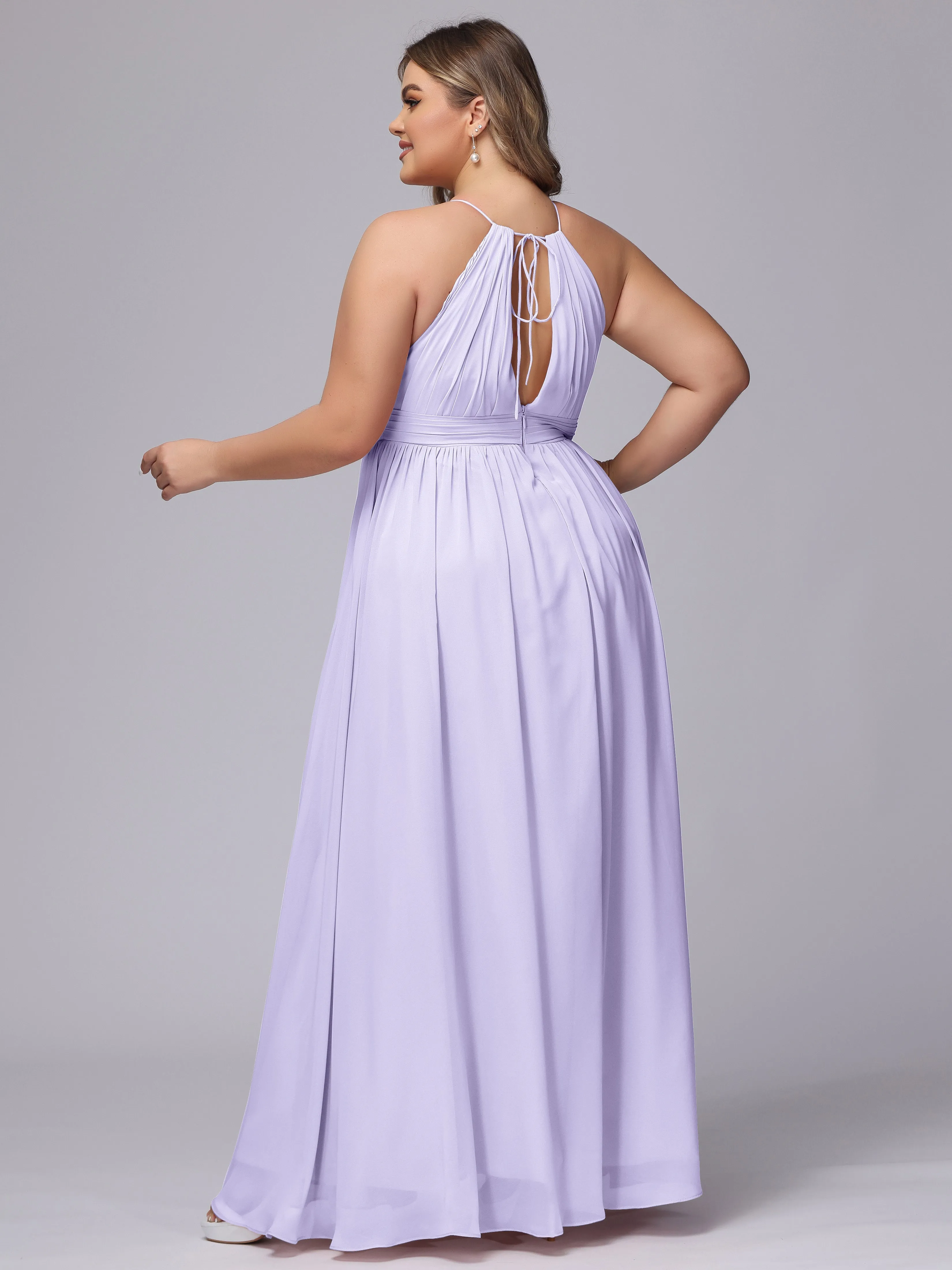 Chiffon Floor Length Halter Plus Size Split Bridesmaid Dresses