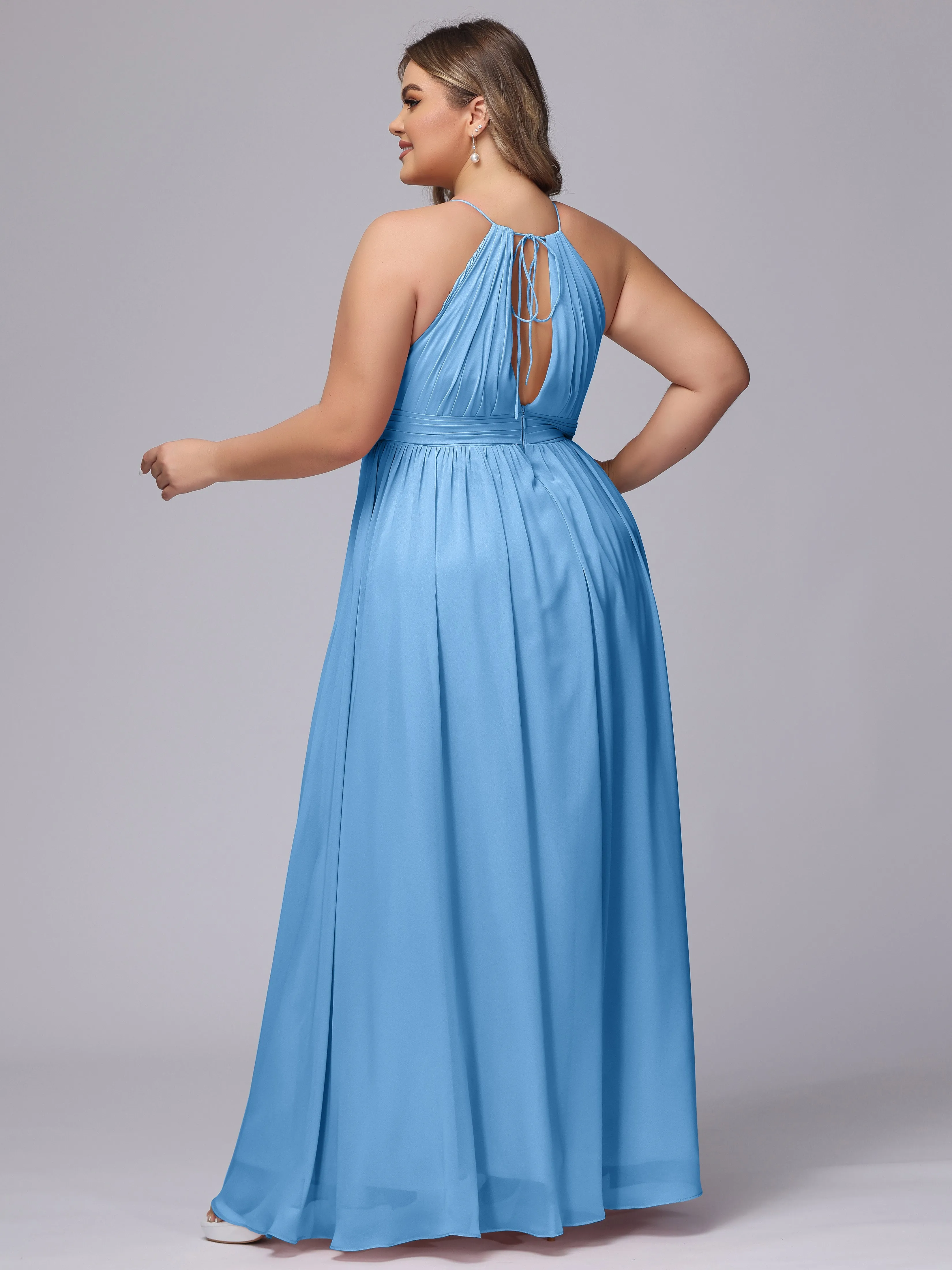Chiffon Floor Length Halter Plus Size Split Bridesmaid Dresses