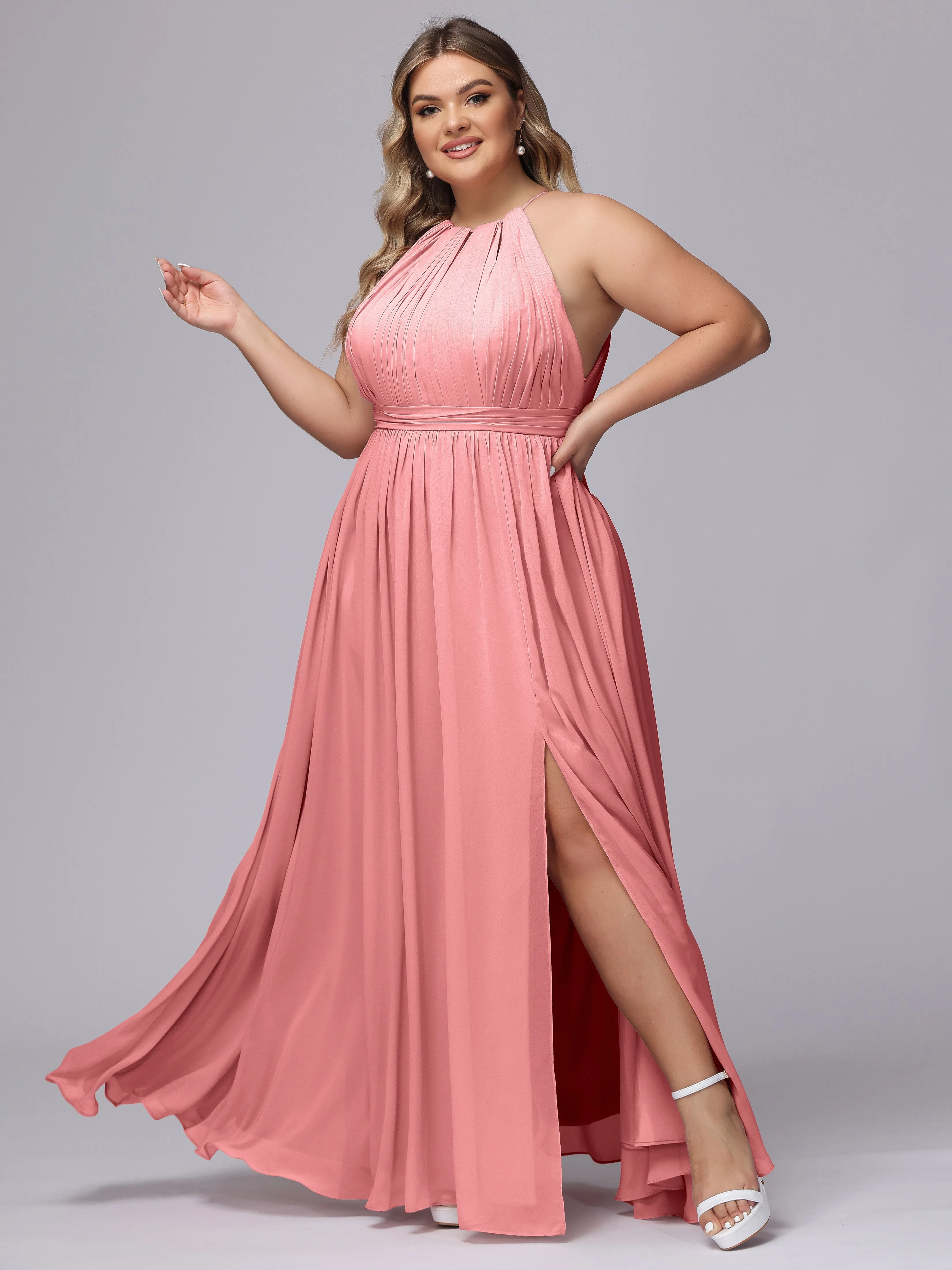 Chiffon Floor Length Halter Plus Size Split Bridesmaid Dresses