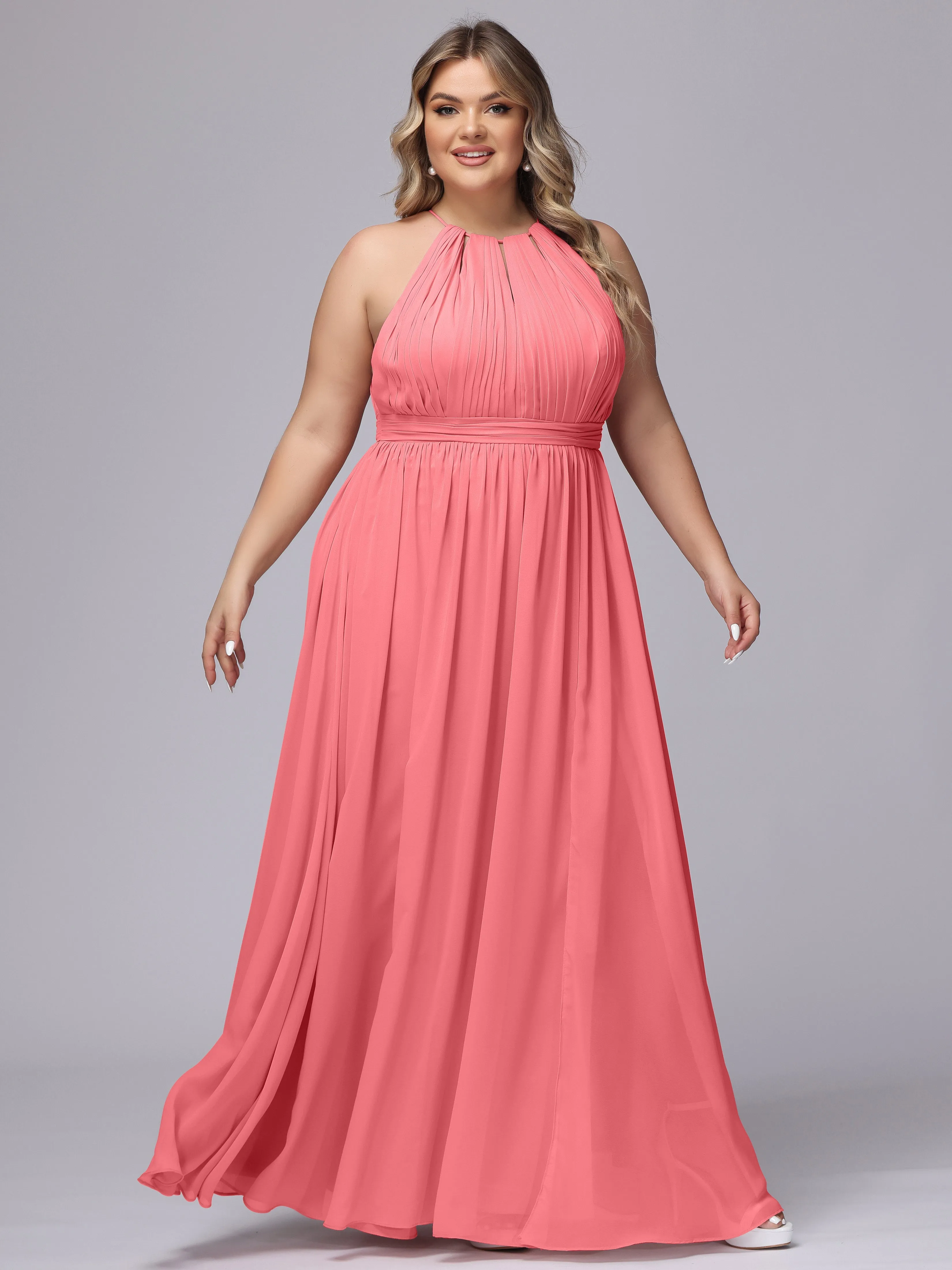Chiffon Floor Length Halter Plus Size Split Bridesmaid Dresses