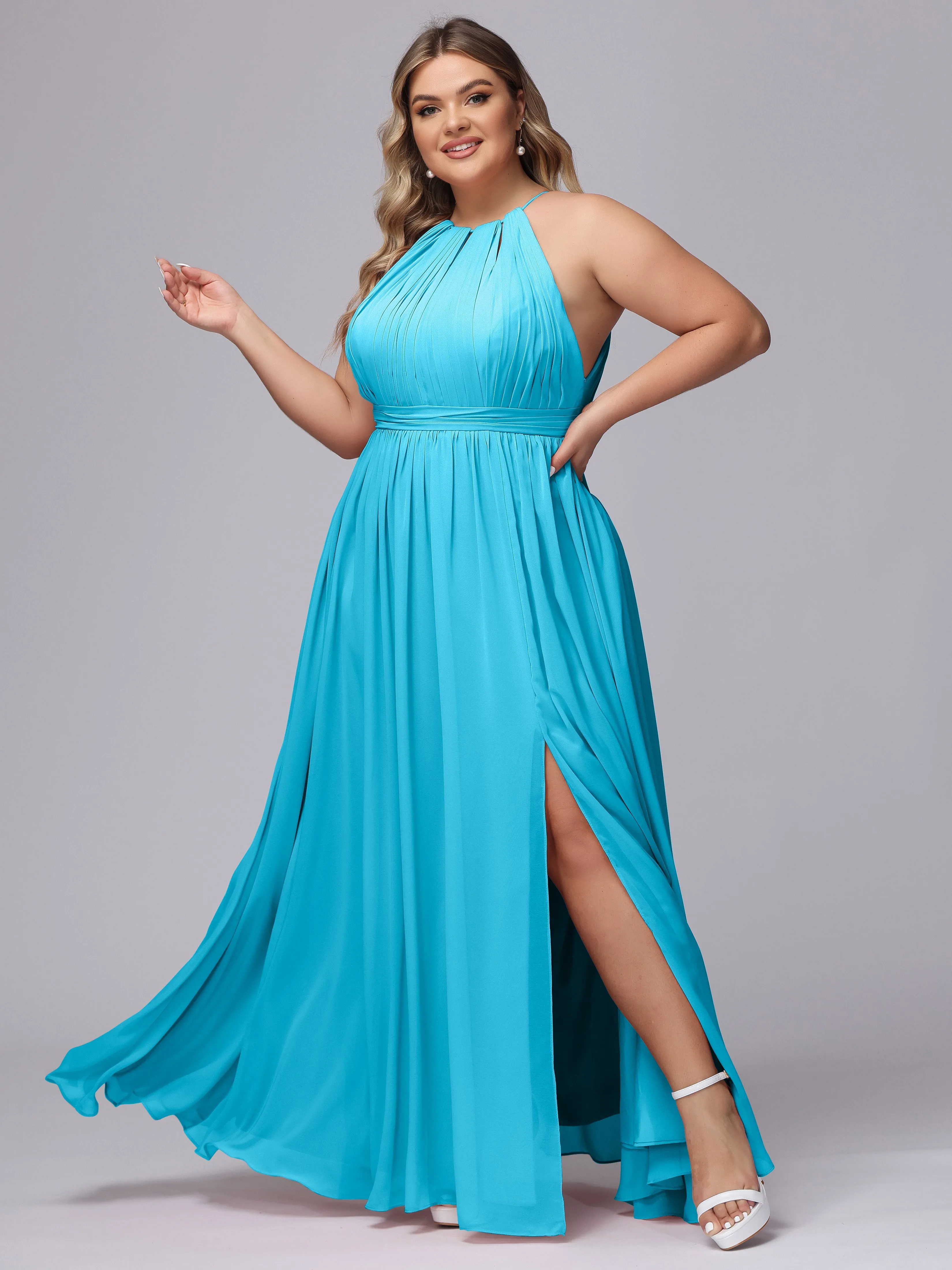 Chiffon Floor Length Halter Plus Size Split Bridesmaid Dresses