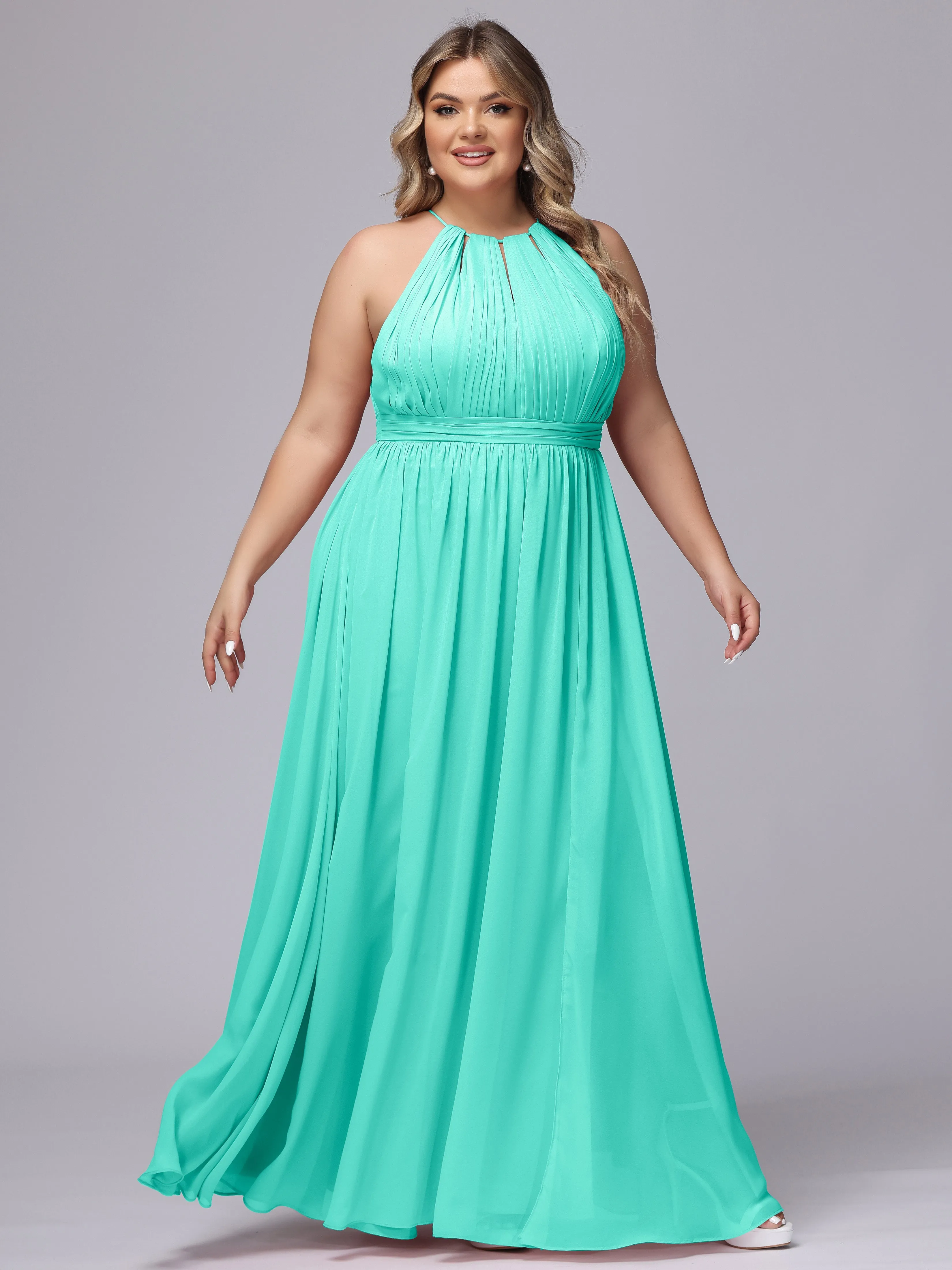 Chiffon Floor Length Halter Plus Size Split Bridesmaid Dresses