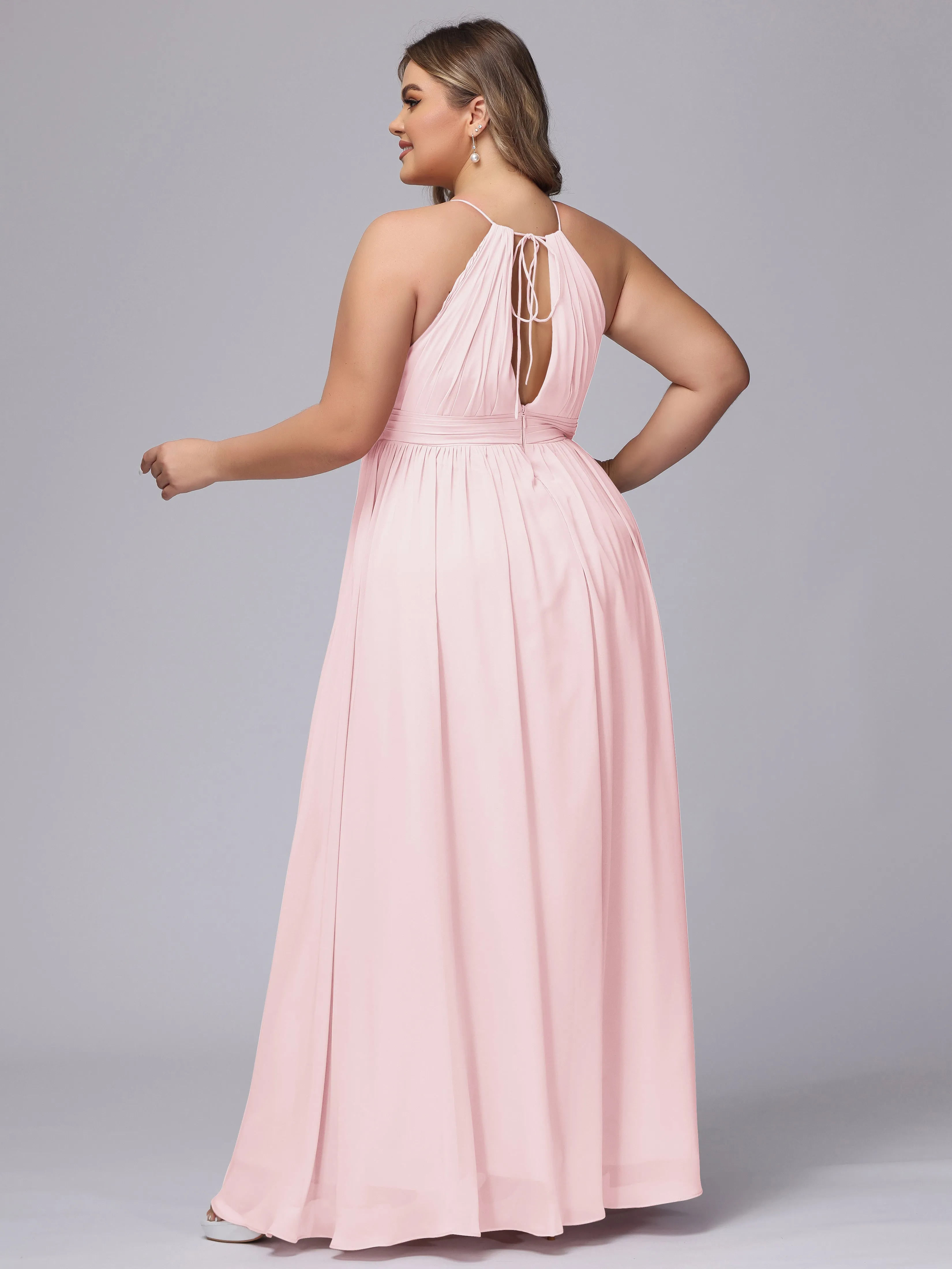 Chiffon Floor Length Halter Plus Size Split Bridesmaid Dresses