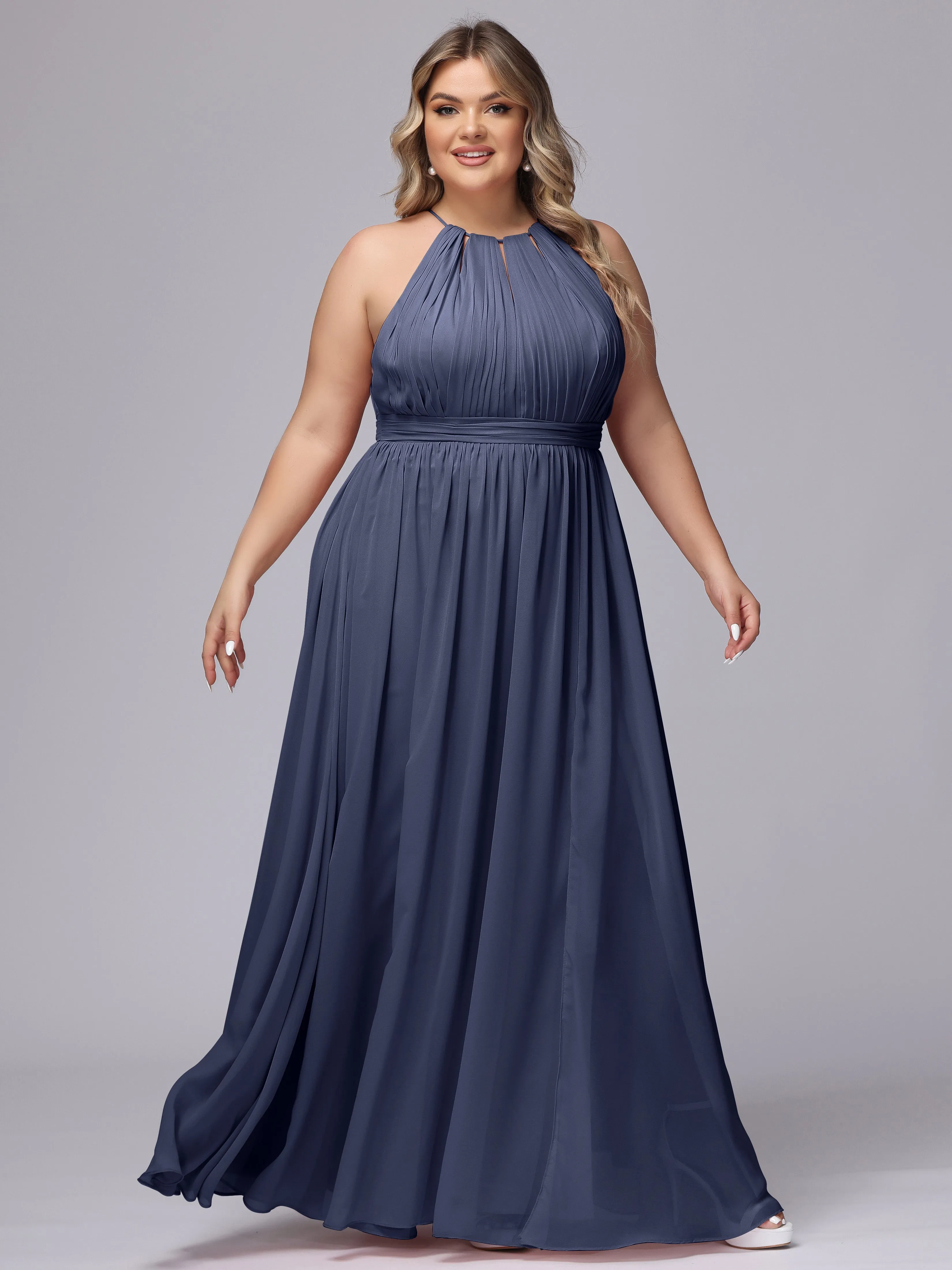Chiffon Floor Length Halter Plus Size Split Bridesmaid Dresses