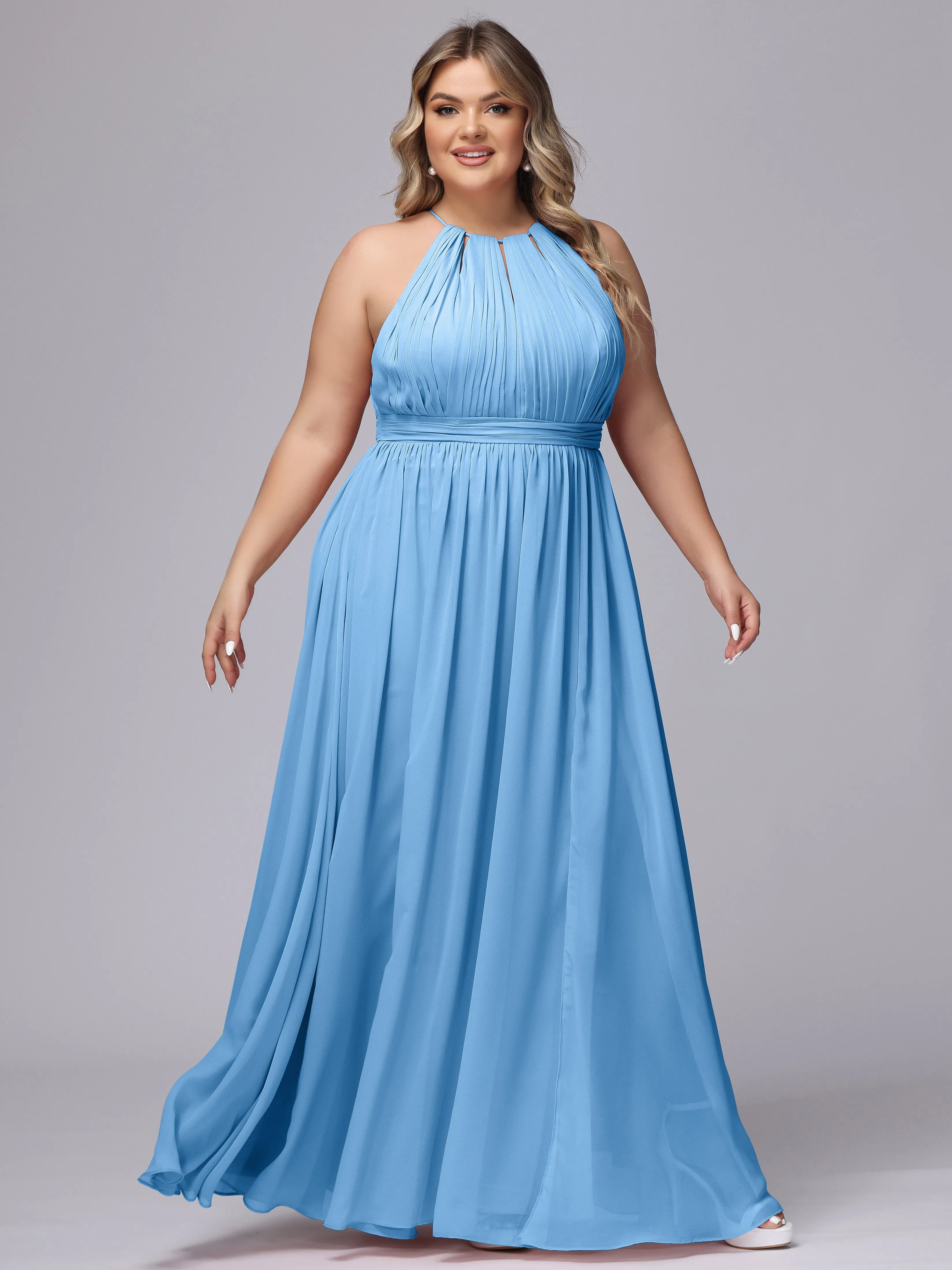 Chiffon Floor Length Halter Plus Size Split Bridesmaid Dresses