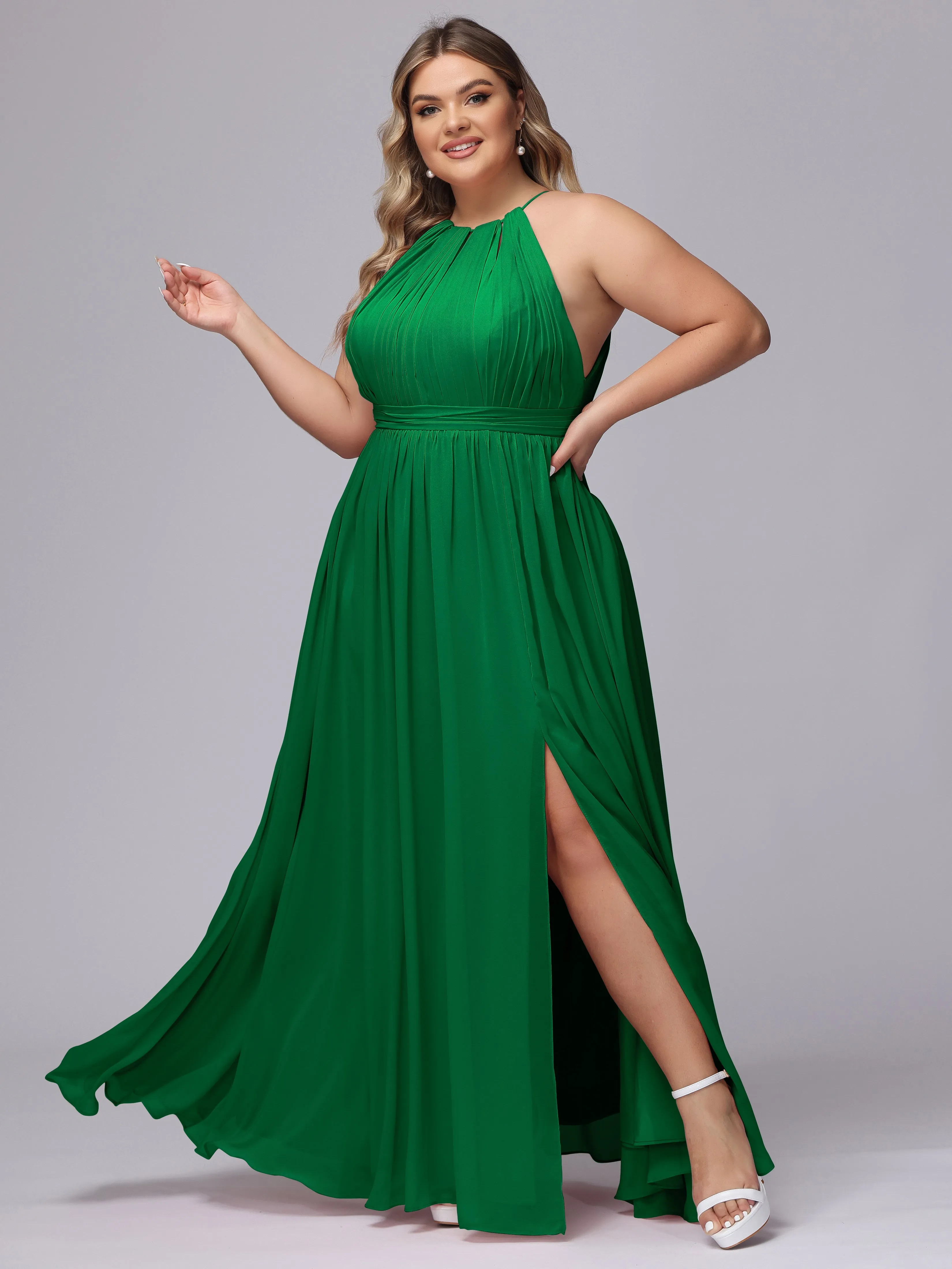 Chiffon Floor Length Halter Plus Size Split Bridesmaid Dresses
